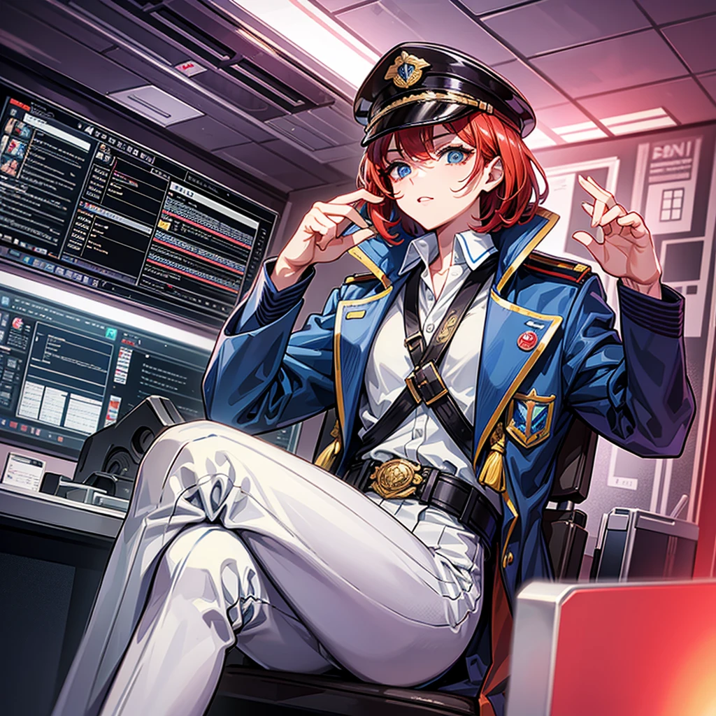 （（（masterpiece、Highest image quality、highest quality、highly detailed unity 8ｋwallpaper）））、（Illustration of one woman、Beauty、30 years old）、（Viceroy）、（（Red-haired shorthair、sidelocks、blue eyes））、（（tall、stocky build, thickset physique, muscular legs, broad shoulders, solid chest））、（（Military uniforms、Military Cap、Military coat））、（white clothes、White pants、white hat）、trench coat、（（（manspreading、Sitting in the captain's seat）））、（（（Inside a futuristic spaceship、Surrounded by instruments and monitors、The Universe on the Monitor、Earth seen from space）））