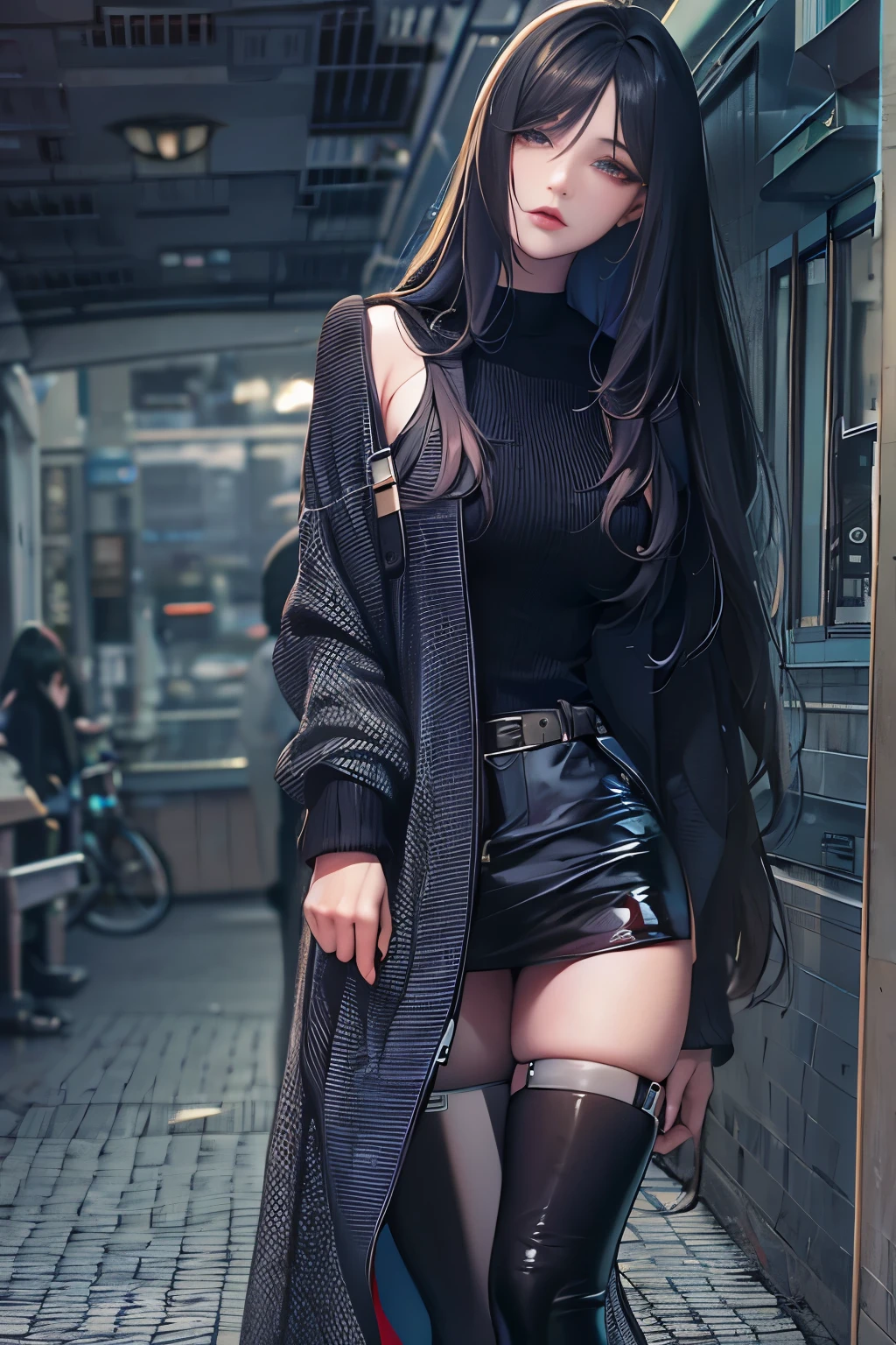 black long straight hair, women,no pants,