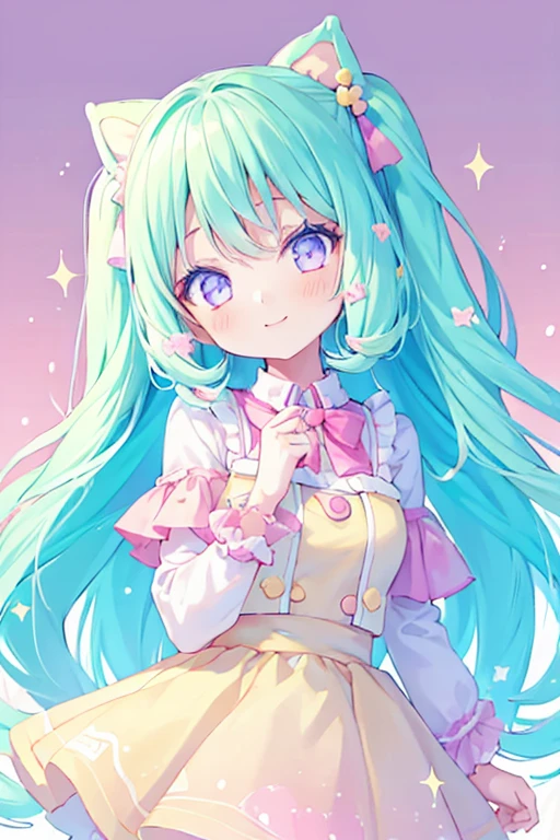 (1girl), idol, closeup, big eyes, kawaiitech, kawaii, cute, pastel colors, best quality, happy, light smile, (deep background)