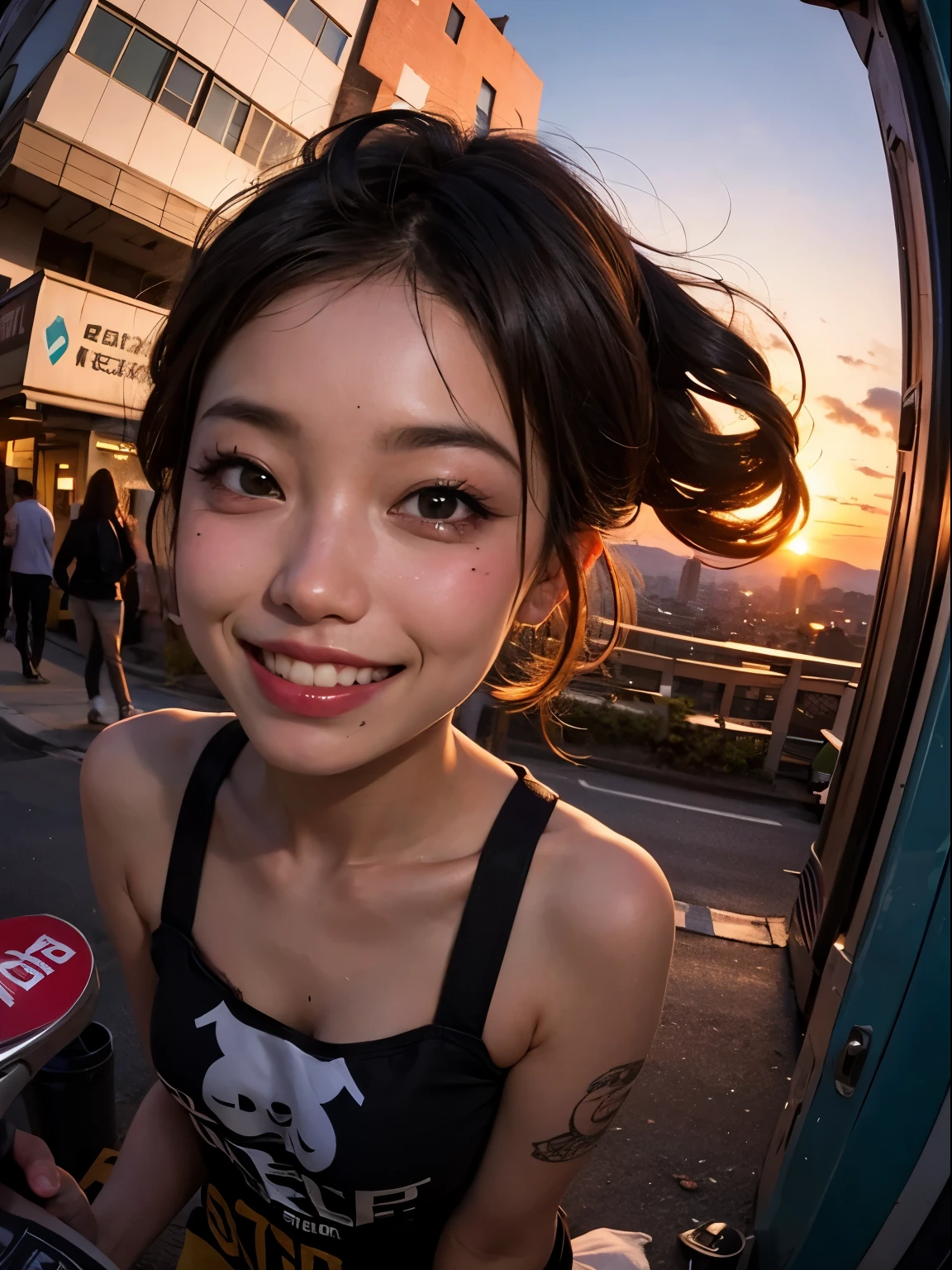 1 punk girl, fish eye, Self-shot, Wind, hair is dirty, sunset, cityscape, (Aesthetics and atmosphere:1.2),smile