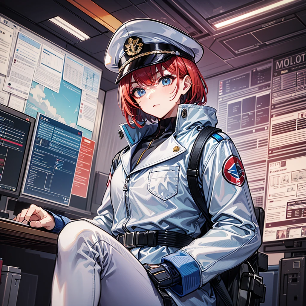 (((masterpiece、Highest image quality、highest quality、highly detailed unity 8kwallpaper)))、(Illustration of one woman、Beauty、30 years old)、(Viceroy)、((Red-haired shorthair、sidelocks、blue eyes))、((tall、stocky build, thickset physique, muscular legs, broad shoulders, solid chest))、((Military uniforms、Military Cap、Military coat))、(white clothes、White pants、white hat)、trench coat、(((manspreading、Sitting in the captain's seat)))、(((Inside a futuristic spaceship、Surrounded by instruments and monitors、The Universe on the Monitor、Earth seen from space)))