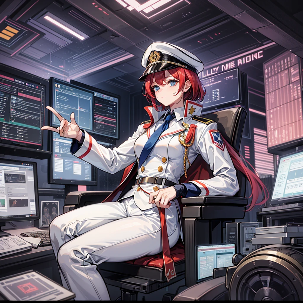 (((masterpiece、Highest image quality、highest quality、highly detailed unity 8kwallpaper)))、(Illustration of one woman、Beauty、30 years old)、(Viceroy)、((Red-haired shorthair、sidelocks、blue eyes))、((tall、stocky build, thickset physique, muscular legs, broad shoulders, solid chest))、((Military uniforms、Military Cap、Military coat))、(white clothes、White pants、white hat)、trench coat、(((manspreading、Sitting in the captain's seat)))、(((Inside a futuristic spaceship、Surrounded by instruments and monitors、The Universe on the Monitor、Earth seen from space)))