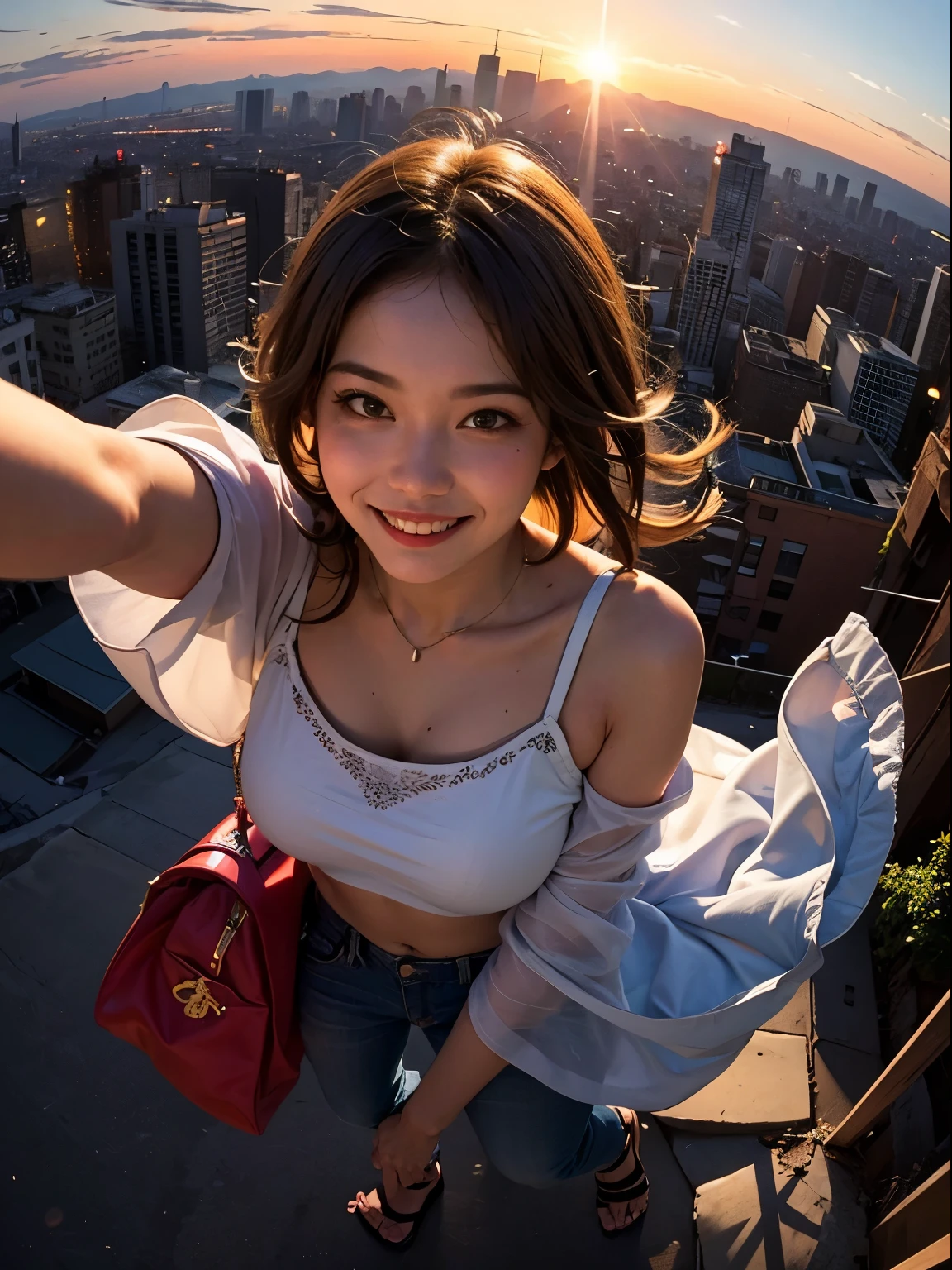 1 punk girl, fish eye, Self-shot, Wind, hair is dirty, sunset, cityscape, (Aesthetics and atmosphere:1.2),smile