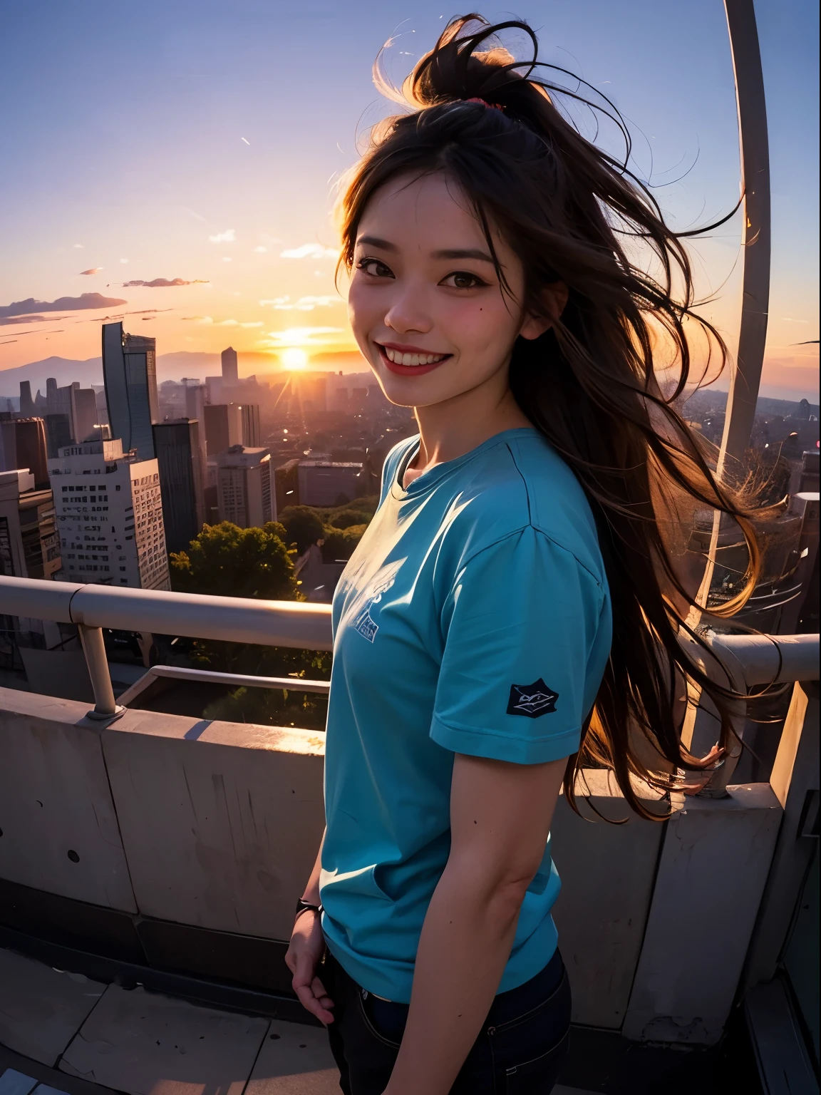 1 punk girl, fish eye, Self-shot, Wind, hair is dirty, sunset, cityscape, (Aesthetics and atmosphere:1.2),smile