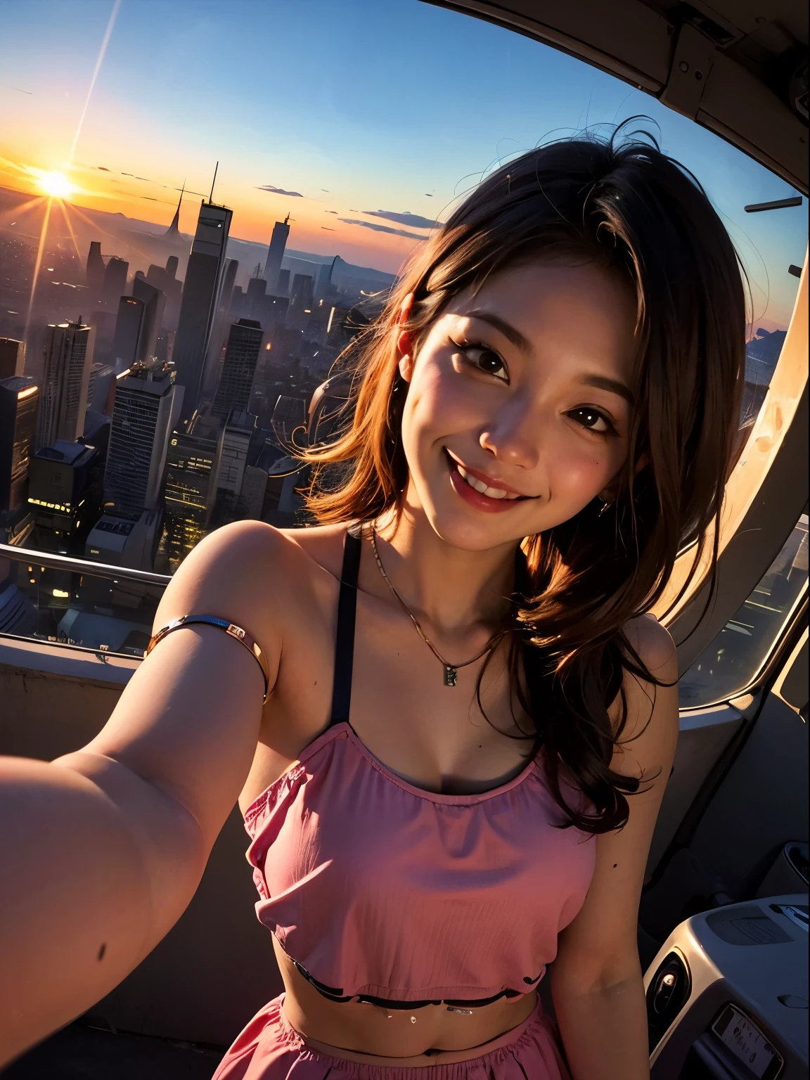 1 punk girl, fish eye, Self-shot, Wind, hair is dirty, sunset, cityscape, (Aesthetics and atmosphere:1.2),smile