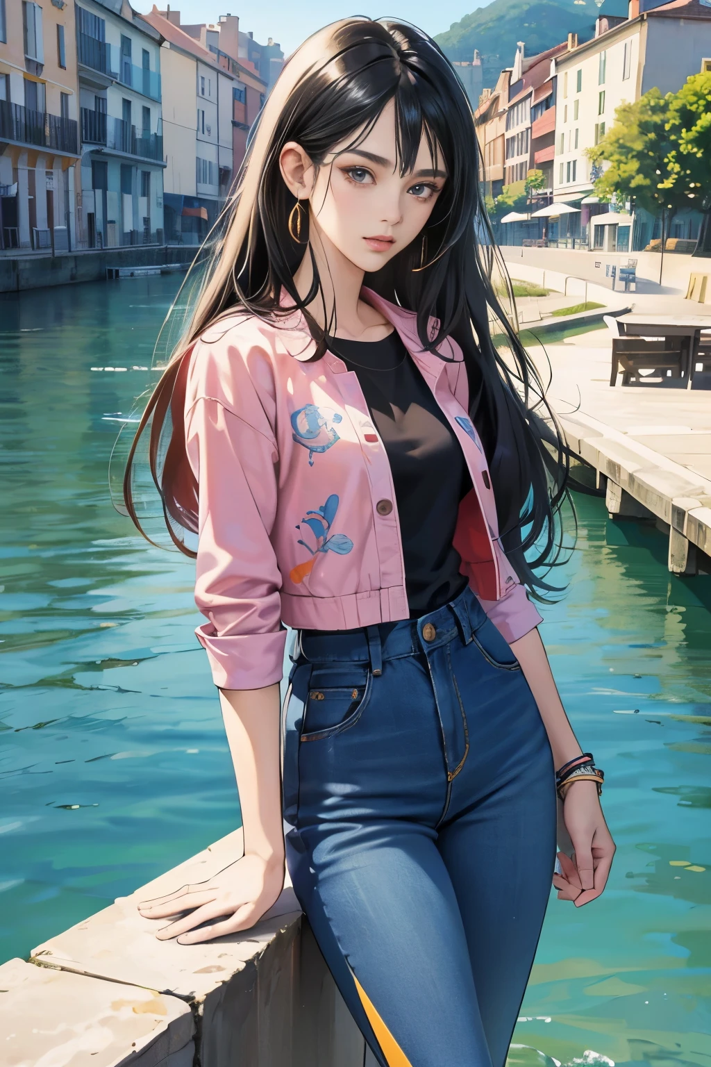 very colorful, pop feel, Orange and indigo keynotes, southern france, Côte d'Azur, summer image, seaside, Anime woman with long black hair, Around 25 years old, wearing a jacket, blue jeans, perfect tall model body, cool beauty, it will happen, Anime drawing by Yang J, Trending at Art Station, realism, extremely detailed The germ of art, Realistic anime 3D style, anime style 4 k, up to the model | The germ of art, anime style. 8k, casual clothes, realistic anime art style, style The germ of art, sharp outline, highest quality, perfect angle, perfect composition, best shot, official art,CD jacket, 80s city pop, very stylish