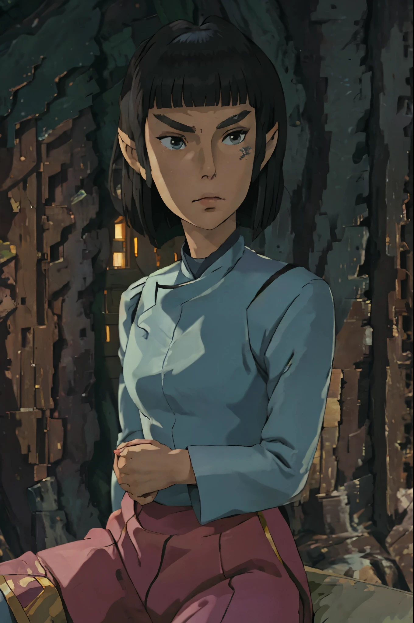 fullbody fullframe  ghibli style  best quality,female vulcan
pointed ears
pointed eyebrows
blunt bangs