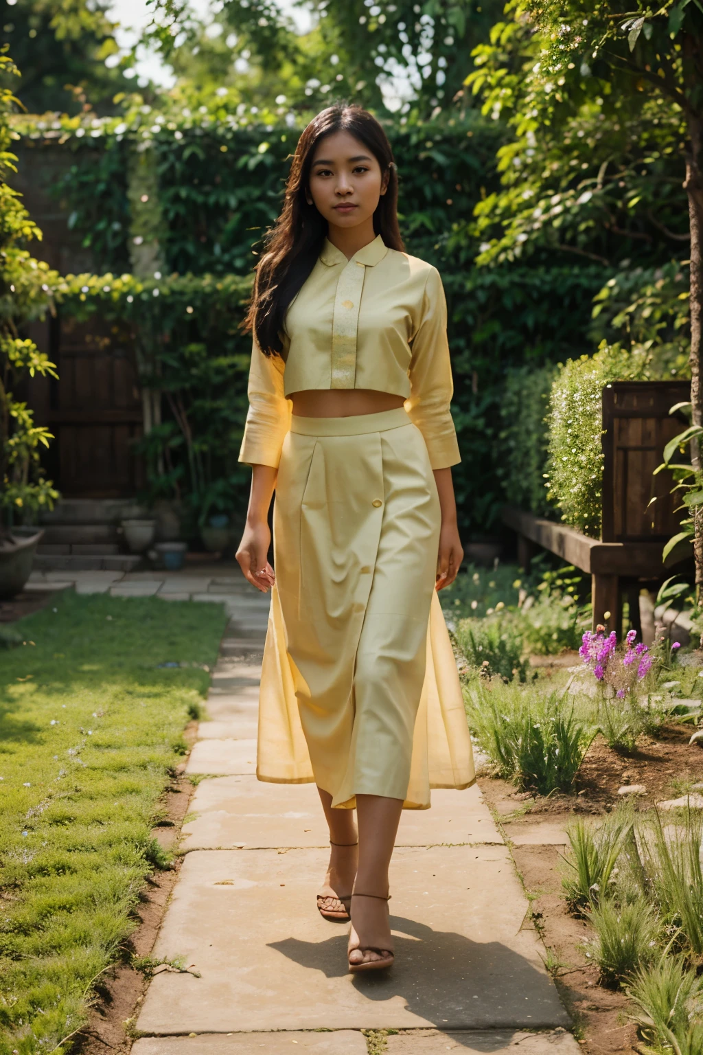 Burmese girl, 23 years wearing burmese cloths, long skirt, walking in a garden, high resolution, 8k