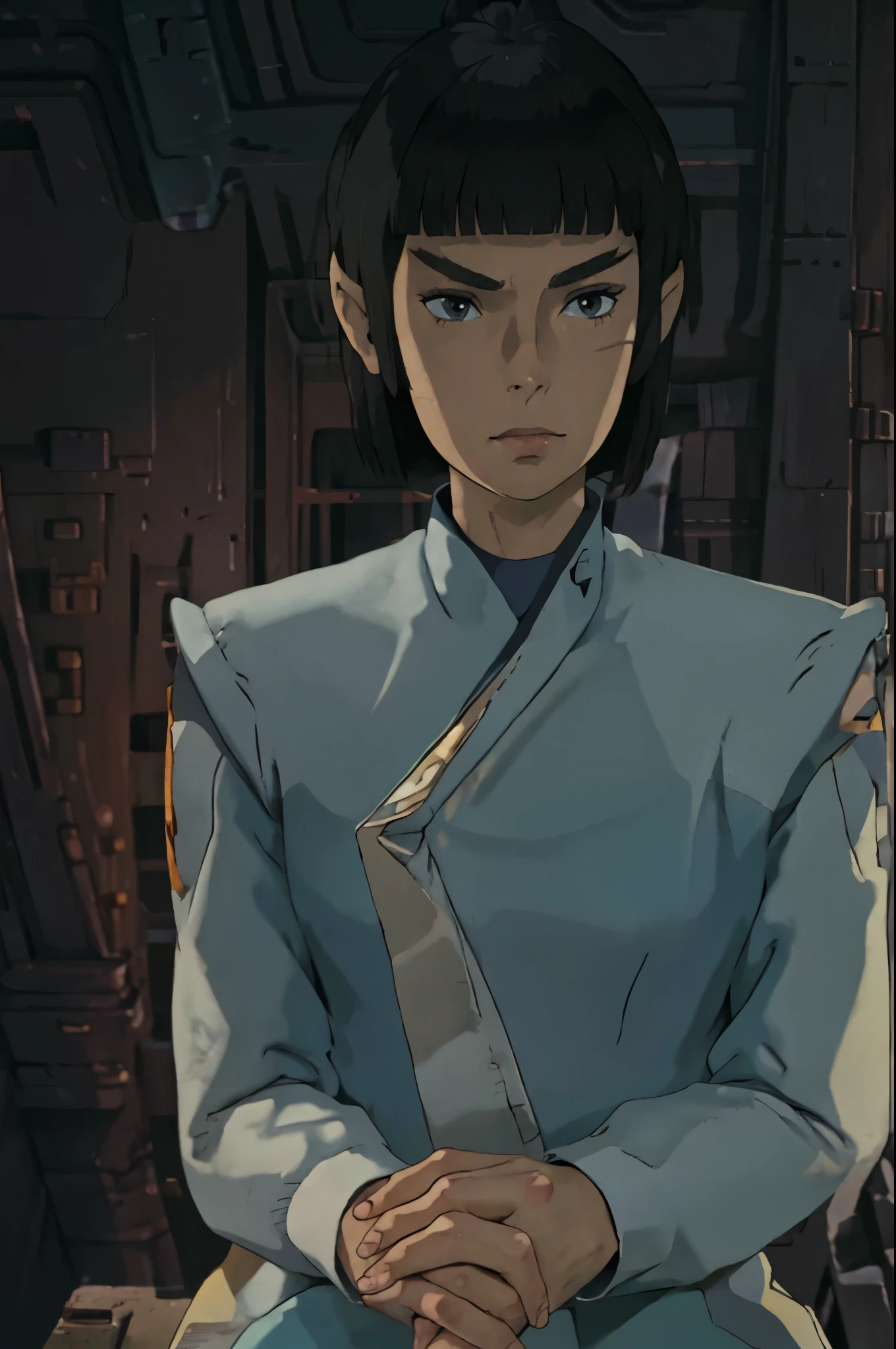 fullbody fullframe ghibli style best quality,female vulcan
pointed ears
pointed eyebrows
blunt bangs