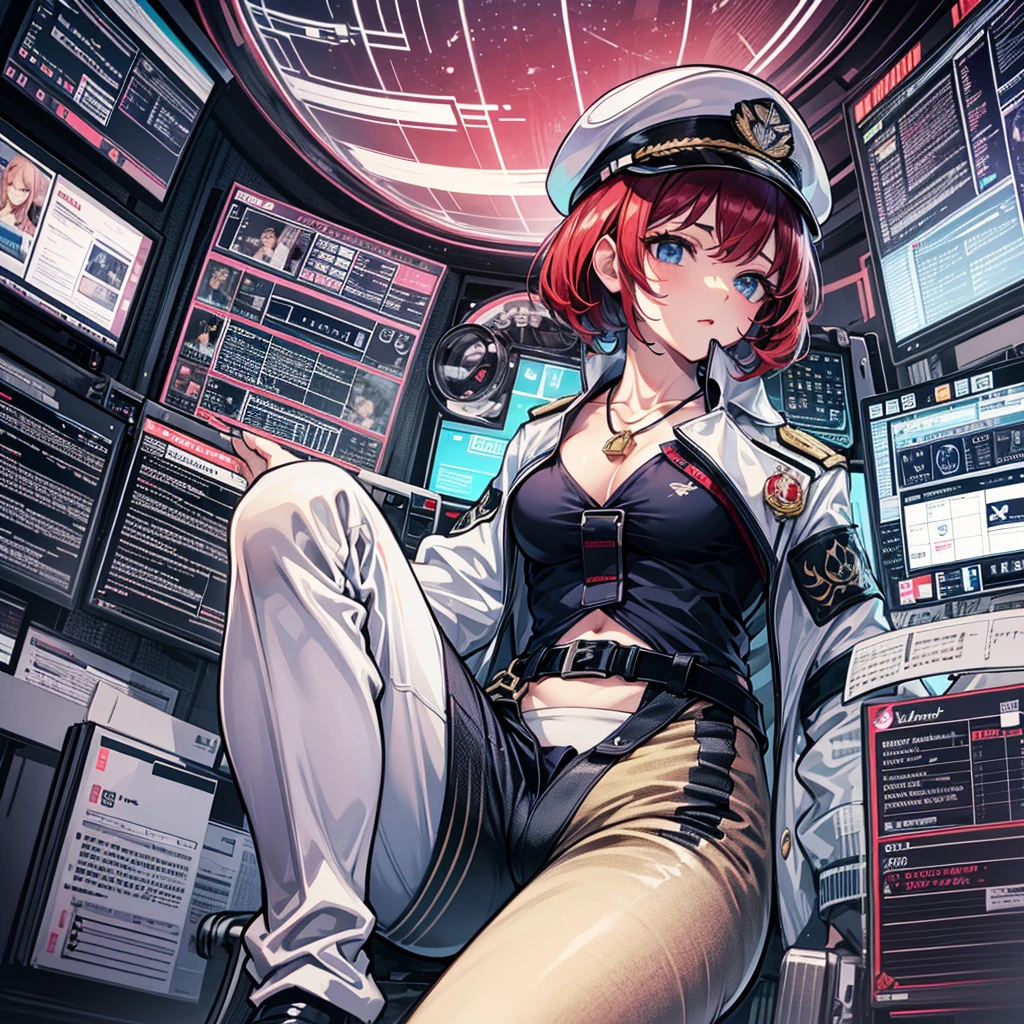 (((masterpiece、Highest image quality、highest quality、highly detailed unity 8kwallpaper)))、(Illustration of one woman、Beauty、30 years old)、(Viceroy)、((Red-haired shorthair、sidelocks、blue eyes))、((tall、stocky build, thickset physique, muscular legs, broad shoulders, solid chest))、((Military uniforms、Military Cap、Military coat))、(white clothes、White pants、white hat)、trench coat、(((manspreading、Sitting in the captain's seat)))、(((Inside a futuristic spaceship、Surrounded by instruments and monitors、The Universe on the Monitor、Earth seen from space)))