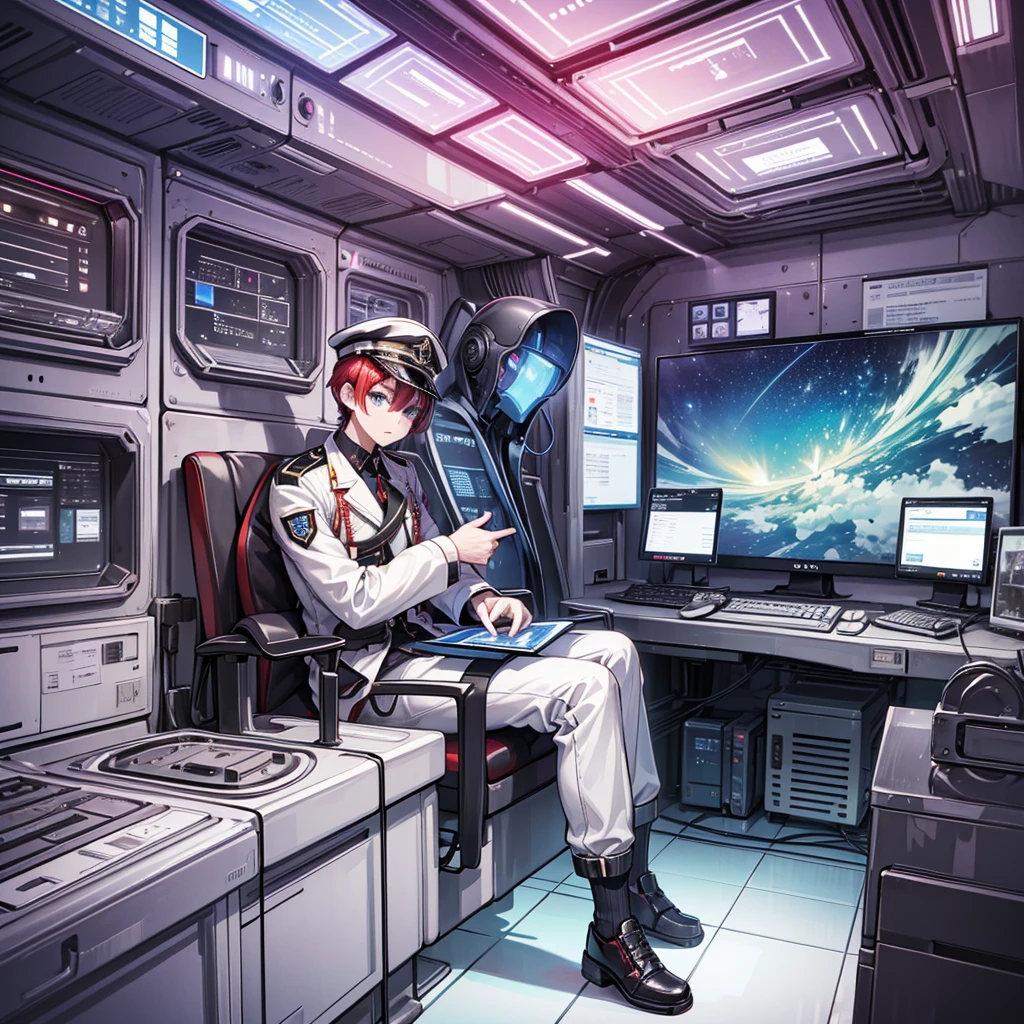 (((masterpiece、Highest image quality、highest quality、highly detailed unity 8kwallpaper)))、(Illustration of one woman、Beauty、30 years old)、(Viceroy)、((Red-haired shorthair、sidelocks、blue eyes))、((tall、stocky build, thickset physique, muscular legs, broad shoulders, solid chest))、((Military uniforms、Military Cap、Military coat))、(white clothes、White pants、white hat)、trench coat、(((manspreading、Sitting in the captain's seat)))、(((Inside a futuristic spaceship、Surrounded by instruments and monitors、The Universe on the Monitor、Earth seen from space)))