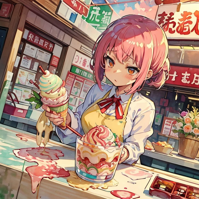 A greengrocer covered in newspaper waterfalls and boiling strawberry parfait ramen、amazing dynamism、amazing angle、Unstable buoyancy swirl advertising storm、((Many gentle watercolor ice creams float perfectly and follow you..),surround each other&#39;whipped custard candy