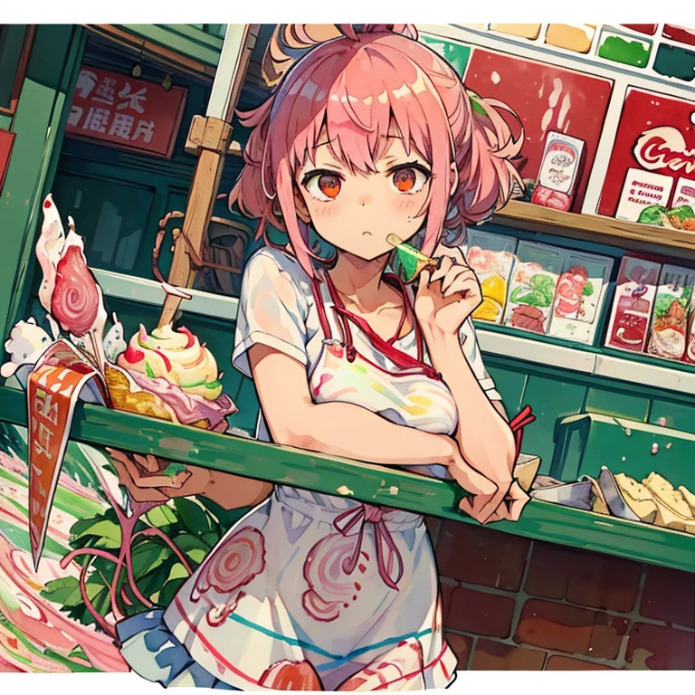 nsfw, masterpiece, 1 girl, erect nipples, intricately detailed, topless, navel, denim hotpants, bare shoulders, necklace, mcdonalds, interior, dj, headset, baseball cap, citypop, erect nipples, puffy nipples, extremely detailed, photorealistic, octane render, 8 k, unreal engine, bare breasts, nipples, bare stomach, sweaty, people on background, moist breath, small breasts, flat chests, child, smiling, leaning forward, collarbone, wet body, saliva, drooling, pink hair, ray of lights, encore, nipple-piercing, fastfood counter, nipple chain, long tongue