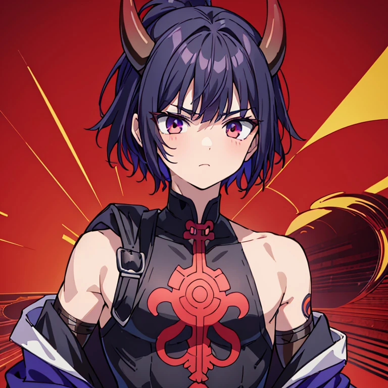 1boy((best quality)), ((masterpiece)), (detailed), perfect face1 boy;((best quality)), ((masterpiece)), (detailed), perfect face;shuten doji style; pretty face ; pretty boy, demon horns protruding out of forehead; black hair; lean physique; wearing tight sleevles shirt e; standing in front of viewer; arms are lean; black medium hair,male ; make him a male with a male chest, full body shot