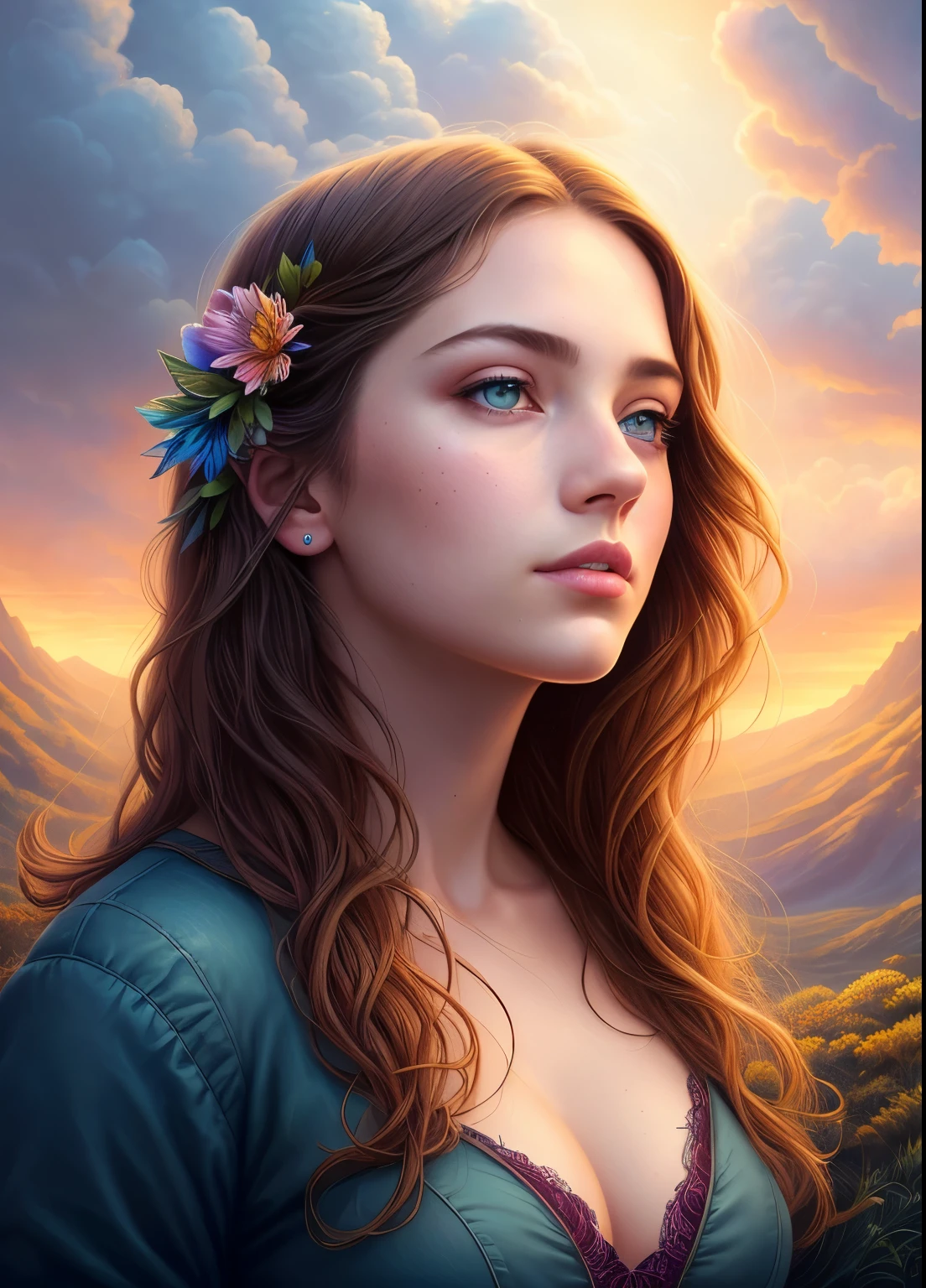 art By Dan Mumford, a beautiful girl in the sky surrounded by clouds, in the style of exotic fantasy landscapes, Paul Robertson, uhd image, heavenly landscapes, uses shadows and lights to create a sense of depth and realism, dramatic lighting, perfect face, pretty eyes, light eyes, realistic eyes, perfect nose, perfect lips, fix eyes, fix nose, ultra highly detailed, detailed, digital painting, hi