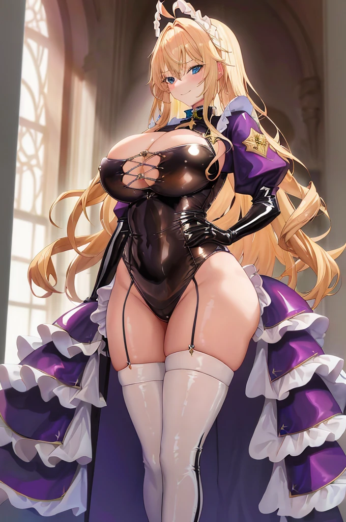 1fille, seulement, cheveux longs blonds, (nu:1.3), gros seins, clivage, Cuisses, Contexte du shopping, (rougissant:1.2), Souriant, anime, latex