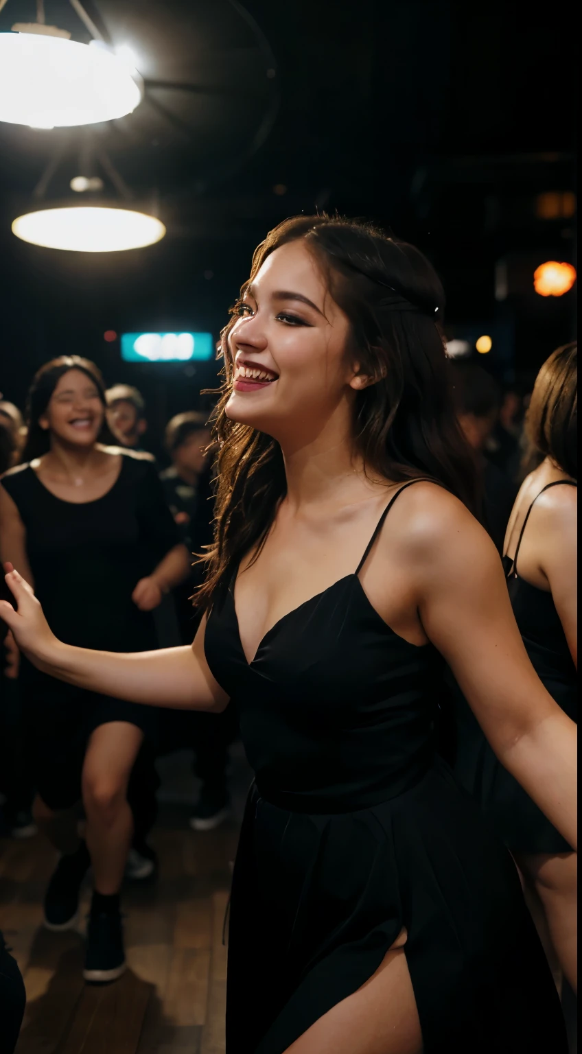 A realistic candid picture of a girl dancing in a club, club lights, phone camera quality, low quality, crowded place, having fun, laughing, wearing black long dress, party makeup, dancing away from camera.