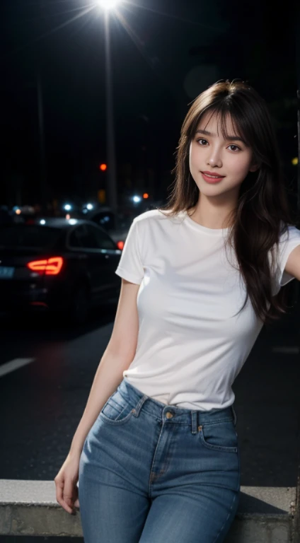 10, Masterpiece, RAW image, best quality, photorealistic, extremely detailed cg unity 8k wallpaper, depth of field, movie theater light, lens flare, Ray tracing, (very beautiful face..... , beautiful lips, beautiful eyes), complex facial details, ((ultra-detailed skin)) 1 girl, in the dark, deep shadow, beautiful girl, (The body is very slender. :1.3), ((looking at the audience)),(Big smile:1.3), Clear eyes, front shot, (pale skin), (Look very far ahead. , (upper body shot), (Brown cooked for the audience.......:1.3), Very thin, Medium bust, thick thighs, Sphincter stockings, city scenery,(Random clothes: t-shirt,jeans, Short legs, Long legs), (Random environment,road,Car,nighttime,), (environment,USA)