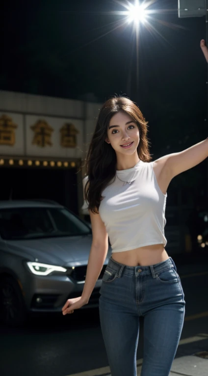 10, Masterpiece, RAW image, best quality, photorealistic, extremely detailed cg unity 8k wallpaper, depth of field, movie theater light, lens flare, Ray tracing, (very beautiful face..... , beautiful lips, beautiful eyes), complex facial details, ((ultra-detailed skin)) 1 girl, in the dark, deep shadow, beautiful girl, (The body is very slender. :1.3), ((looking at the audience)),(Big smile:1.3), Clear eyes, front shot, (pale skin), (Look very far ahead. , (upper body shot), (Brown cooked for the audience.......:1.3), Very thin, Medium bust, thick thighs, Sphincter stockings, city scenery,(Random clothes: t-shirt,jeans, Short legs, Long legs), (Random environment,road,Car,nighttime,), (environment,USA)