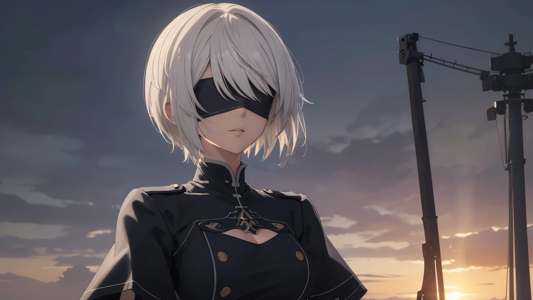 (extremely detailed CG unity 8k wallpaper), (masterpiece), (best quality), (ultra-detailed), (best illustration), (best shadow), (absurdres), 2b, 1girl, short hair, long ponytail, normal size boobs, white hair, blindfold solo, Intimidating women, admiral uniform, night, hero pose, white clothes, General Uniform, Military Uniform, Sunlight, exposed to sunlight,commander, cape, fighting, ((beautiful fantasy girl)), (Master Part: 1.2), Best Quality, High Resolution, photorealestic, photogenic, Unity 8k壁纸, perfect lighting, (perfect arms, perfect anatomy) beatiful face, intricate details, Detalhes realistas, the anime, The Perfect Girl, perfect details, Ultra HD |, 8K, Professional photo(extremely detailed CG unity 8k wallpaper), (masterpiece), (best quality), (ultra-detailed), (best illustration), (best shadow), (absurdres), 2b, 1girl, short hair, short ponytail, normal size boobs, white hair, blindfold solo, Intimidating women, admiral uniform, night, hero pose, white clothes, General Uniform, Military Uniform, Sunlight, exposed to sunlight, commander, black clothes, sunkissed, sunset background