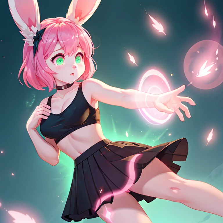 Short shocked Female bunny with pink fur long Pink hairs and glowing Green eyes wearing Black top and skirt looking at her hand while other hand on her breast there some traces of magic floating around her