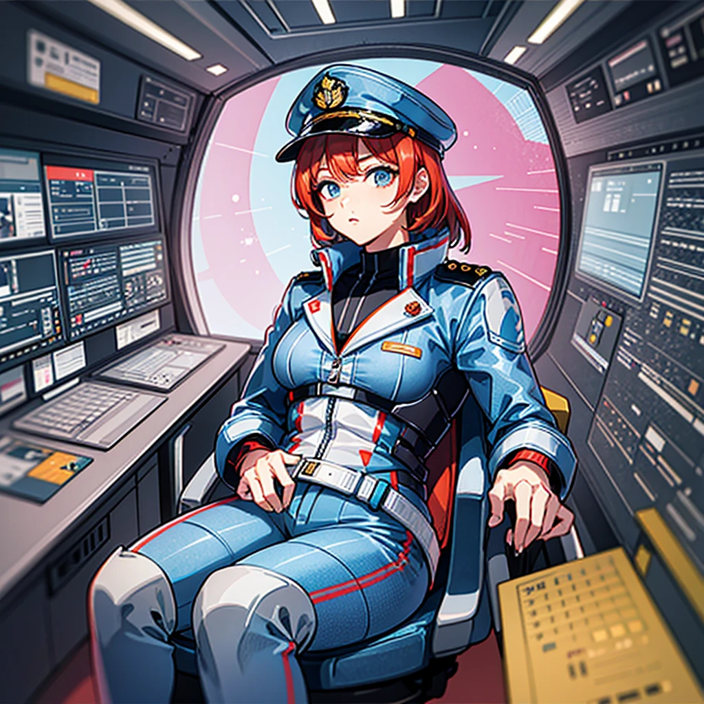 (((masterpiece、Highest image quality、highest quality、highly detailed unity 8kwallpaper)))、(Illustration of one woman、Beauty、30 years old)、(Viceroy)、((Red-haired shorthair、sidelocks、blue eyes))、((tall、stocky build, thickset physique, muscular legs, broad shoulders, solid chest))、((Military uniforms、Military Cap、Military coat))、(white clothes、White pants、white hat)、trench coat、(((manspreading、Sitting in the captain's seat)))、(((Inside a futuristic spaceship、Surrounded by instruments and monitors、The Universe on the Monitor、Earth seen from space)))