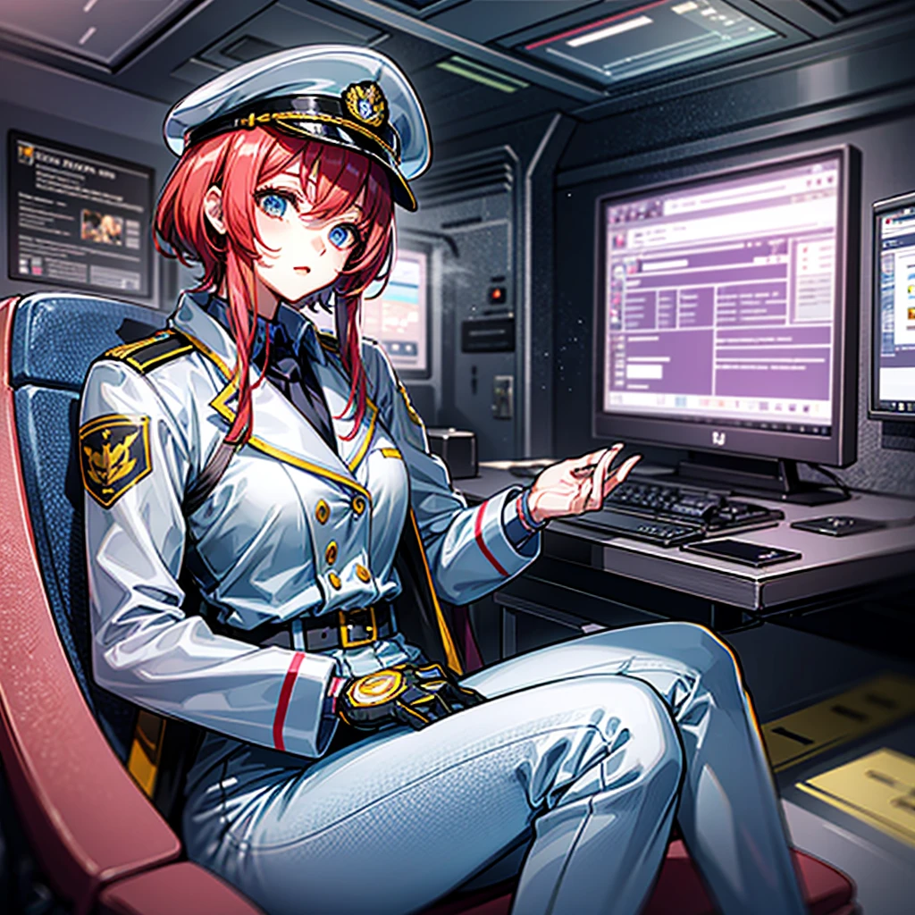 （（（masterpiece、Highest image quality、highest quality、highly detailed unity 8ｋwallpaper）））、（Illustration of one woman、Beauty、30 years old）、（Viceroy）、（（Red-haired shorthair、sidelocks、blue eyes））、（（tall、stocky build, thickset physique, muscular legs, broad shoulders, solid chest））、（（Military uniforms、Military Cap、Military coat））、（white clothes、White pants、white hat）、trench coat、（（（manspreading、Sitting in the captain's seat）））、（（（Inside a futuristic spaceship、Surrounded by instruments and monitors、The Universe on the Monitor、Earth seen from space）））