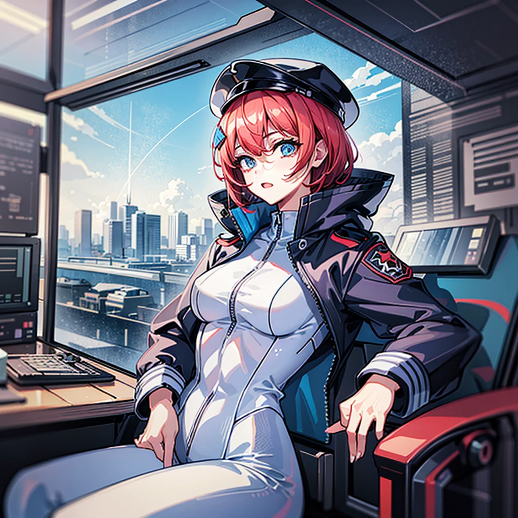 （（（​masterpiece、Top image quality、top-quality、highly detailed unity 8ｋwall-paper）））、（Illustration of one woman）、30-years old、（Viceroy）、（（Red-haired shorthair））、（Thin hair hanging down both sides of the face）、Blue eyes、（（Tall））、（（Muscle Woman、stocky build、muscular legs、broad shoulders、solid chest））、（（Military uniforms））、（（Military Cap））、（（Military coat））、（white  clothes）、（White pants）、（White cap）、trench coat、（（（Inside a futuristic spaceship、Sitting in the captain's seat、The Universe on the Monitor）））