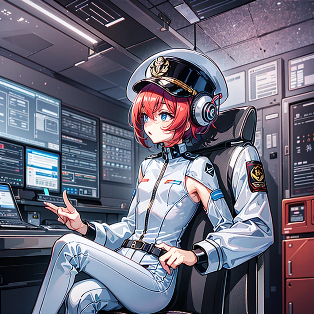 (((masterpiece、Highest image quality、highest quality、highly detailed unity 8kwallpaper)))、(Illustration of one woman、Beauty、30 years old)、(Viceroy)、((Red-haired shorthair、sidelocks、blue eyes))、((tall、stocky build, thickset physique, muscular legs, broad shoulders, solid chest))、((Military uniforms、Military Cap、Military coat))、(white clothes、White pants、white hat)、trench coat、(((manspreading、Sitting in the captain's seat)))、(((Inside a futuristic spaceship、Surrounded by instruments and monitors、The Universe on the Monitor、Earth seen from space)))