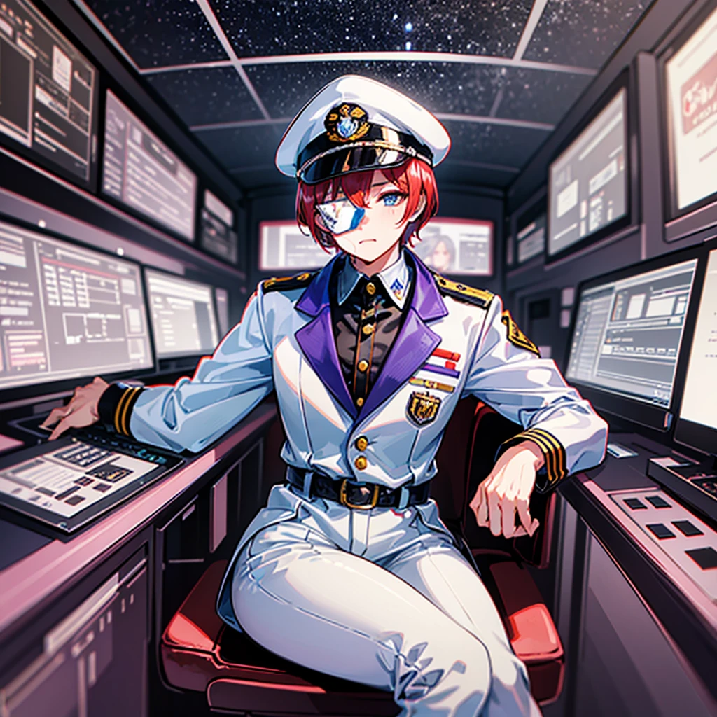 （（（masterpiece、Highest image quality、highest quality、highly detailed unity 8ｋwallpaper）））、（Illustration of one woman、Beauty、30 years old）、（Viceroy）、（（Red-haired shorthair、sidelocks、blue eyes））、（（tall、stocky build, thickset physique, muscular legs, broad shoulders, solid chest））、（（Military uniforms、Military Cap、Military coat））、（white clothes、White pants、white hat）、trench coat、（（（manspreading、Sitting in the captain's seat）））、（（（Inside a futuristic spaceship、Surrounded by instruments and monitors、The Universe on the Monitor、Earth seen from space）））