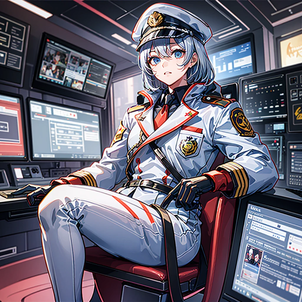 (((masterpiece、Highest image quality、highest quality、highly detailed unity 8kwallpaper)))、(Illustration of one woman、Beauty、30 years old)、(Viceroy)、((Red-haired shorthair、sidelocks、blue eyes))、((tall、stocky build, thickset physique, muscular legs, broad shoulders, solid chest))、((Military uniforms、Military Cap、Military coat))、(white clothes、White pants、white hat)、trench coat、(((manspreading、Sitting in the captain's seat)))、(((Inside a futuristic spaceship、Surrounded by instruments and monitors、The Universe on the Monitor、Earth seen from space)))
