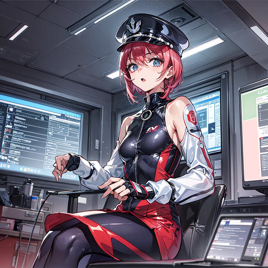 （（（masterpiece、Highest image quality、highest quality、highly detailed unity 8ｋwallpaper）））、（Illustration of one woman、Beauty、30 years old）、（Viceroy）、（（Red-haired shorthair、sidelocks、blue eyes））、（（tall、stocky build, thickset physique, muscular legs, broad shoulders, solid chest））、（（Military uniforms、Military Cap、Military coat））、（white clothes、White pants、white hat）、trench coat、（（（manspreading、Sitting in the captain's seat）））、（（（Inside a futuristic spaceship、Surrounded by instruments and monitors、The Universe on the Monitor、Earth seen from space）））