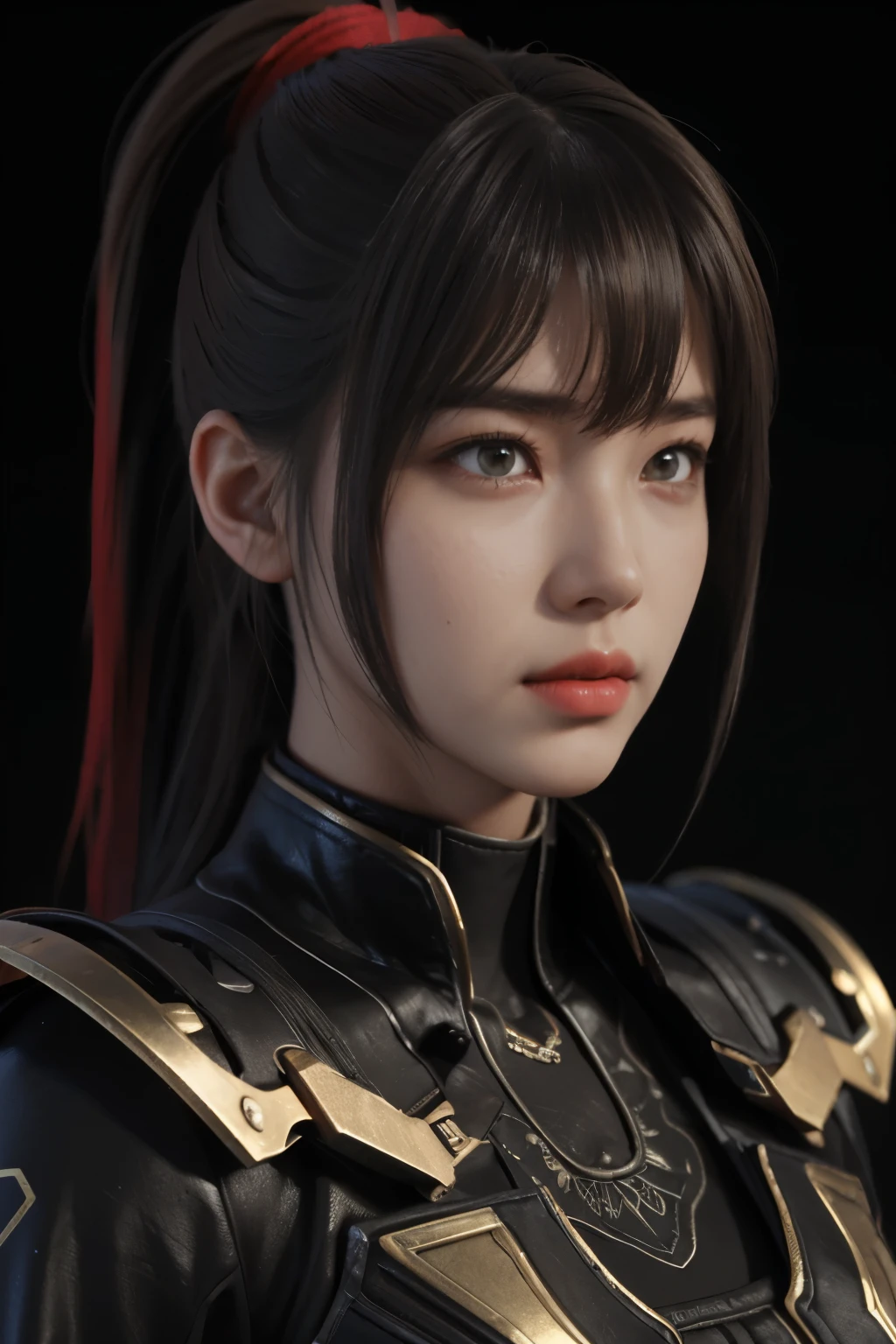 Masterpiece，The best qualities，Very high resolution，8K，((Portrait))，((Head close-up))，Original photo，real photo，数码摄影， (Cyberpunk-style female cops of the future world)，(Fighting girl)，22岁少女，(Long red ponytail hair)，An eye rich in detail，((Lachrymal nevus))，嘴唇光泽，(优雅迷人，冷漠高贵)，(Future combat clothing full of mechanical style，A garment that combines the characteristics of a police uniform，A fancy badge，An intricate pattern of clothing，Glittering jewels，Joint Armor，Metallic luster，Red and white)，赛博朋克人物，未来风格， 拍照姿势，街道背景，Movie lights，Ray tracing，Game CG，((3D Unreal Engine))，oc渲染反射纹理