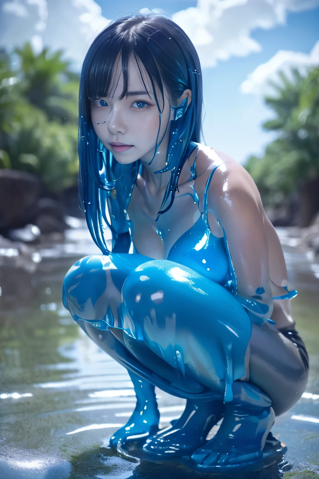 (hight resolution,masutepiece:1.2),Ultra-detailed,(Realistic:1.37), cowboy shot, (squatting), facial paint , Slime Girl, Covered in ,Blue slime, open mouth, (blue skin), (partially transparent), (Wet), (blue sweat), Slimy ,blue liquid dripping from her body. Her hair is also Covered in ,Blue slime. ,Blue slime scatters, Blue hair, Blue eyes