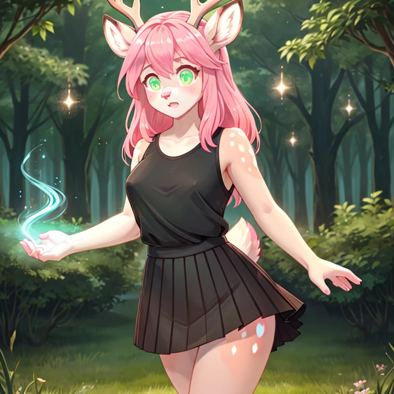 Short shocked Female deer with pink fur long Pink hairs and glowing Green eyes wearing Black top and skirt looking at her hand while other hand  on her breast there  some traces of magic floating around her