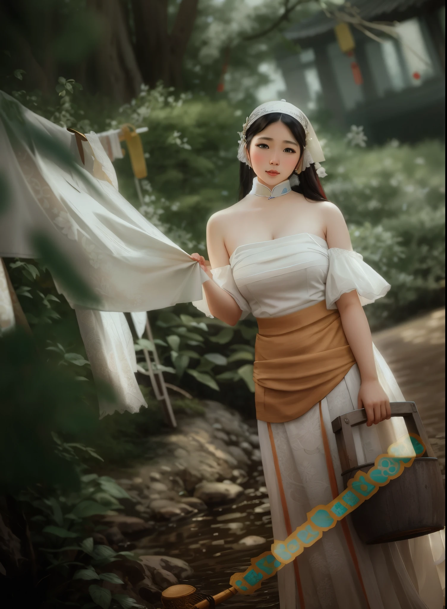 Couple woman in white dress holding bucket and scarf, white hanfu, hanfu, beautiful girl, Chinese girl, traditional beauty, ancient white clothes, Chinese traditional clothing, chinese woman, palace , A girl wearing Hanfu, China costume, Fantasy style clothing, fair skin, Wear long, flowing clothes, Wearing ancient Chinese clothes