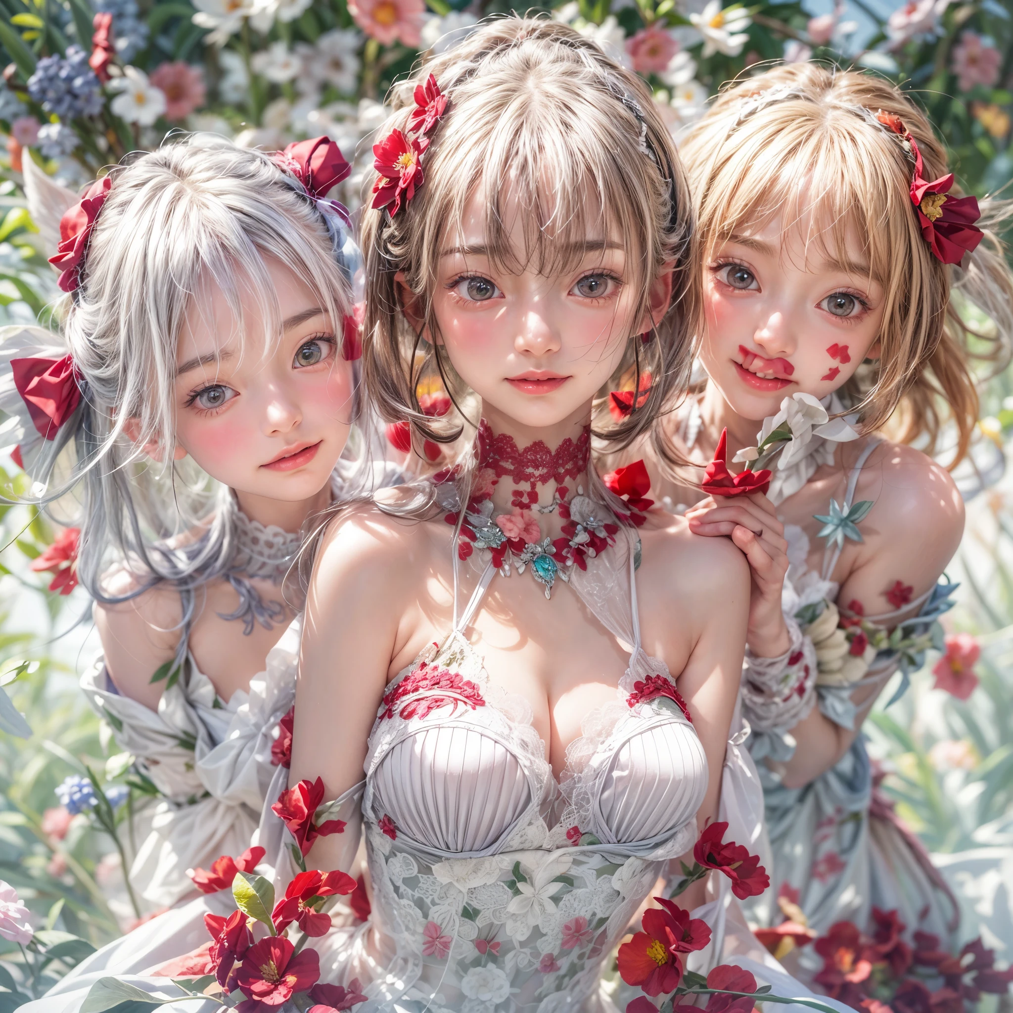 (SFW, White and Red, masterpiece:1.2, Exposed:1.2), (nipple:-0.9), (Acutance:0.8), (many sexy junior idols in group photograph), ((Extremely Detailed KAWAII face variations, joyful expression variations)), { Navel | pretty Ass | Overflowing sideboob | (Delicate lace knitted white wear) | full of Flowers covering girl's body | (Colorful Light shines from Dazzling and delicate stained glass:1.2) }. ( ultra-detailed, realistic, (photorealistic:1.37) with a touch of rawness). { under the mesmerizing back lighting | concept art | enhancing the overall visual impact }. (not Detailed fingers:-0.9) .