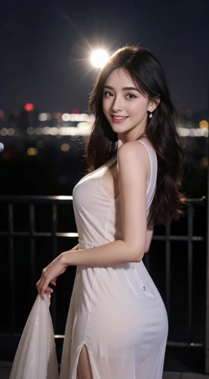 10, Create a masterpiece, RAW image, best quality, photorealistic, extremely detailed CG unity 10 wallpaper, depth of field, movie theater light, lens flare, Ray tracing, (very beautiful face, beautiful lips, beautiful eyes), Intricate facial details, ((ultra-detailed skin)) 1 girl, in the dark, deep shadow, Beautiful Asian Girl, ((looking at the audience)),(big smile), (Blurry Background), midnighttime, (beautiful girl), earrings, bangle, necklace, Clear eyes, (pale skin), Facing Forward, (Big eyes), (looking at the audience), big breasts ,((smile)), rooftop, Dim lights, ((nighttime)), city scenery, Blue Eyes, Sparkling evening dress, , Mini Dresses, Very short red dress, Breast Opening, balcony, Very thin, (Middle buttocks), see through dress, thick thighs, Breast Opening