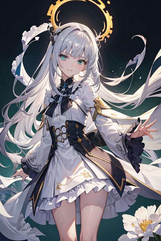 (Official art、Best Quality、Unity 8k Wallpapers、32K、masterpiece、ultra-detailliert、超A high resolution、realisitic、Photorealsitic:1.2)、Fireglow effect、film grainest Shadows、Rim lighting、(Ultra-detailed and complex 3D rendering)、Detailed beautiful face and eyes、Sharp pupils、Realistic pupils、A slender、1Woman、Medium bust、standing , full body , toe , green background、beauitful face、16-year-old beautiful girl、(super detailed skin、detailed skin textures:1.3)、long silver hair、Blunt bangs、A slender、white shirt、Costumes with frillrills skirt、knee sox、Fantastical、Gentle smile、I opened my mouth a little,furious,evil smile