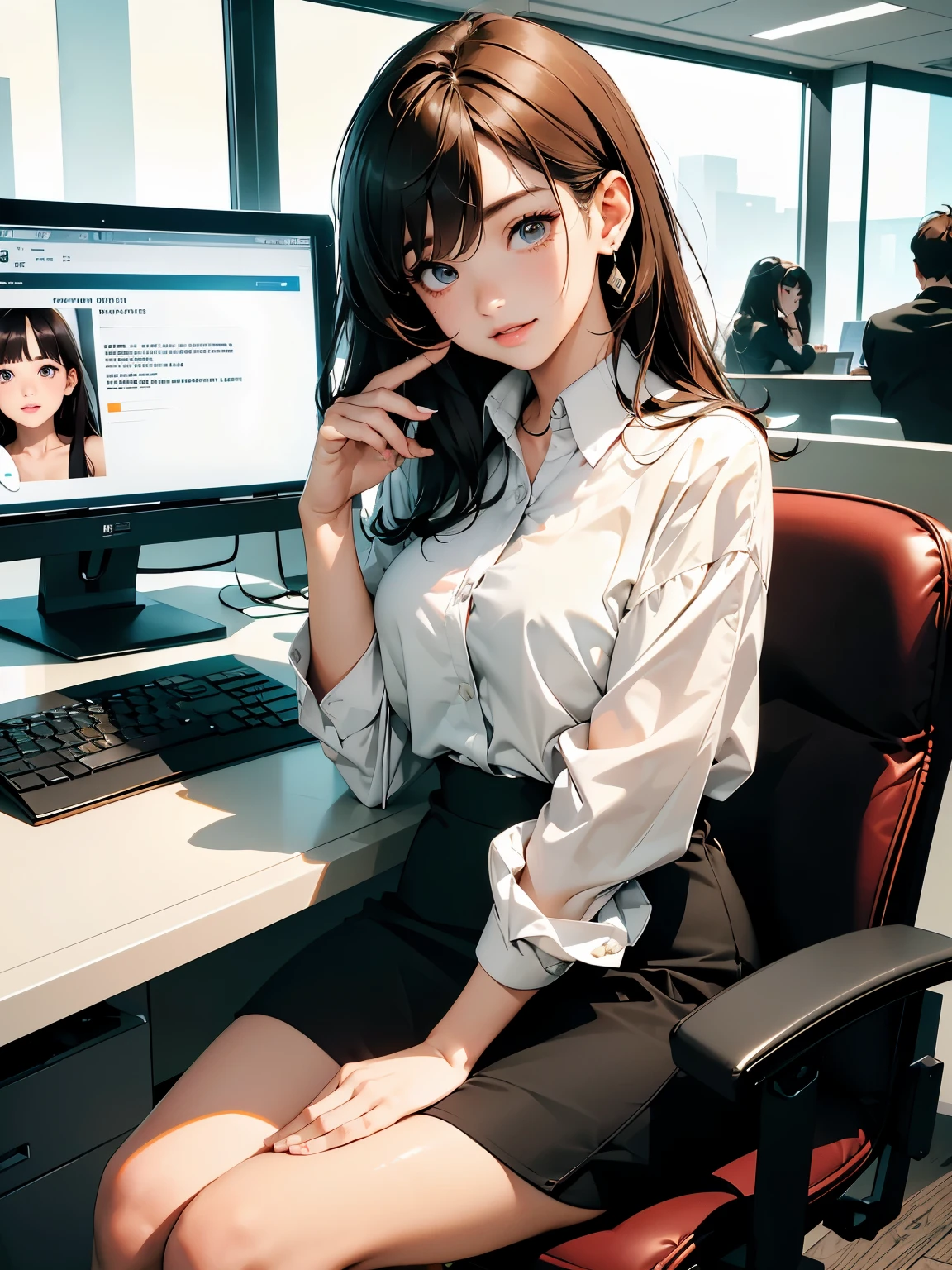 masterpiece、high resolution 8k、NSFW、sharp focus、contrast lighting、fine skin、muste piece、 highest quality、Ultra - High resolution、Super high resolution、Highly detailed CG、stock exchange、large office room、many large monitors、desk computer、trading、document、stock、chart screen、Horizontal focus male OL、woman is sitting on a chair、beautiful eyes、(Detailed face and iace:1 2)、narrow eyes、almond eye、Black pupil、eye gradation eye highlight:1.2)、(light reddish brown hair、middle、asymmetrical bangs)、(ID card、Blazer for office wear shortage、white cutter shirt、black pencil skirt、pumps)、(plump lips、gross、glossy lips、small breast size) 、(oval face : 1.4)、(thin fingers、fine arms、detailed human hand)、laughter half open、teeth visible