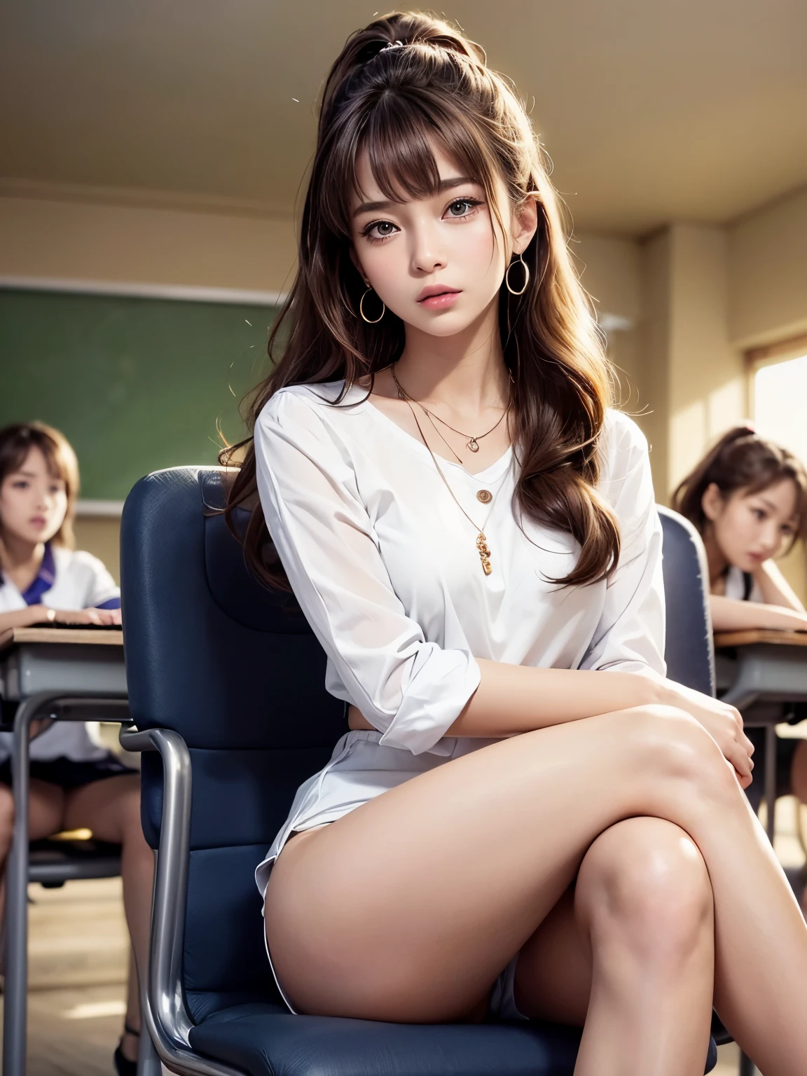 (table top: 1.3), (maximum resolution: 1.2), (Ultra HDTV: 1.2), cinematic light, Ultra HDTV, (fine eyes and skin), (detailed facial features), nffsw, 8K resolution, sharp focus: 1.2, perfect style, beautiful face, Accurate, anatomically correct, Highly detailed face and skin texture, fine eyes, brown eyes, double eyelid, thin eyebrows, glitter eyeliner: 1.2, natural cheeks, Glossy skin, Fair skin: 1.2, small shiny necklace and earrings, (glossy lips: 1.4), break, One person's point of view, in a high school uniform, (fascinating face: 1.2), Innocent and pretty girl, (high ponytail, wavy hair, hair of white and some colors, bangs flowing diagonally), medium long hair, (full body shot: 1.2), focus on face, ((very close relationship: 1.2)), (medium big breasts), (((In the classroom: 1.2)), ((Sitting on the school chair with one's legs crossed:1.4)), (look at me)), From the side,
