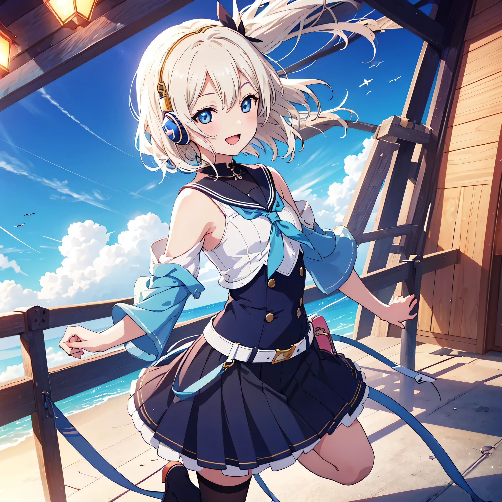 beautiful boy, {{{{{one person is depicted}}}}}, {{{{{berry berry short hair}}}}},{{{{{Anime guy with blonde side tails and blue color eyes and blue sailor suit}}}}}、Man's chest, white shirt, flat bust, headset, man dressed as a woman,cute smile, black knee socks,Women&#39;s clothing for men, winking, Dairy-free, フラット anime styleのシェーディング, anime styleで、pixiv、anime styleのポートレート、short、きれいで詳細なanime style、anime style、anime style、{{{{{jumping}}}}}, Flying on the sea live stage, Have fun in a tropical atmosphere, detailed background、(official art、{{{{{full body angle}}}}},best quality、Unity 8k wallpaper、At 32K、masterpiece、Super detailed、ultra high resolution, real、hold your hair with your right hand, photorealistic:1.2)、(cinematic lighting:1.2)、lovelive!, Angle looking down from above,excited look,perfect skeleton,{{{{{perfect human medicine}}}}} ,open mouth smile, Navel exposed, idol pose,Johnny&#39;s,Detailed highlights on the eyes, white hair accessories, fancy lighting, neutral body,singing, cloud,