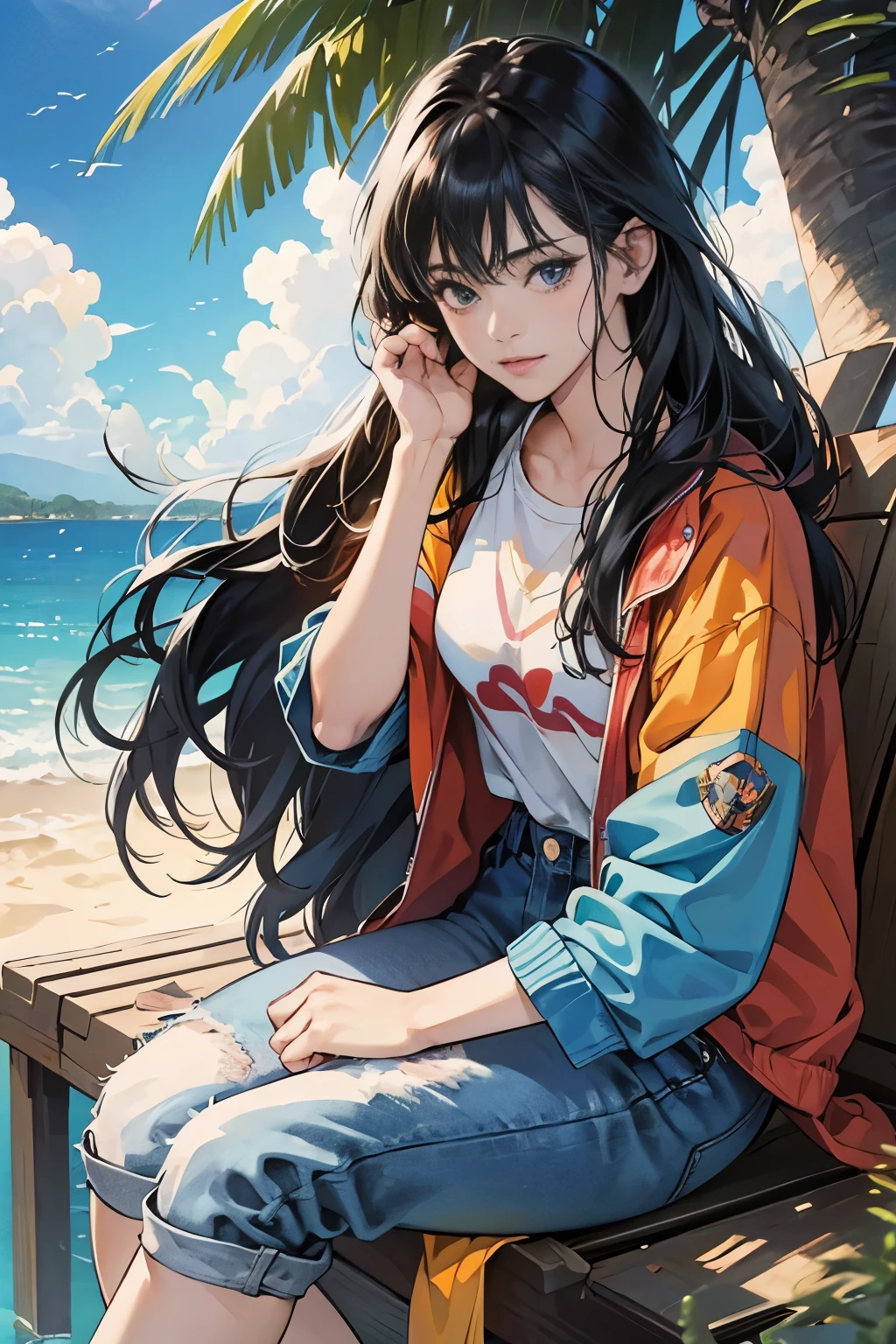 very colorful, high sense, pop feel, Orange and indigo keynotes, summer image, coconut tree, beach, Anime woman with long black hair, Around 25 years old, wearing a jacket, blue jeans, perfect tall model body, cool beauty, it will happen, Anime drawing by Yang J, Trending at Art Station, realism, extremely detailed The germ of art, Realistic anime 3D style, anime style 4 k, up to the model | The germ of art, anime style. 8k, casual clothes, realistic anime art style, style The germ of art, sharp outline, highest quality, perfect angle, perfect composition, best shot, official art，CD jacket, 80s city pop, very stylish