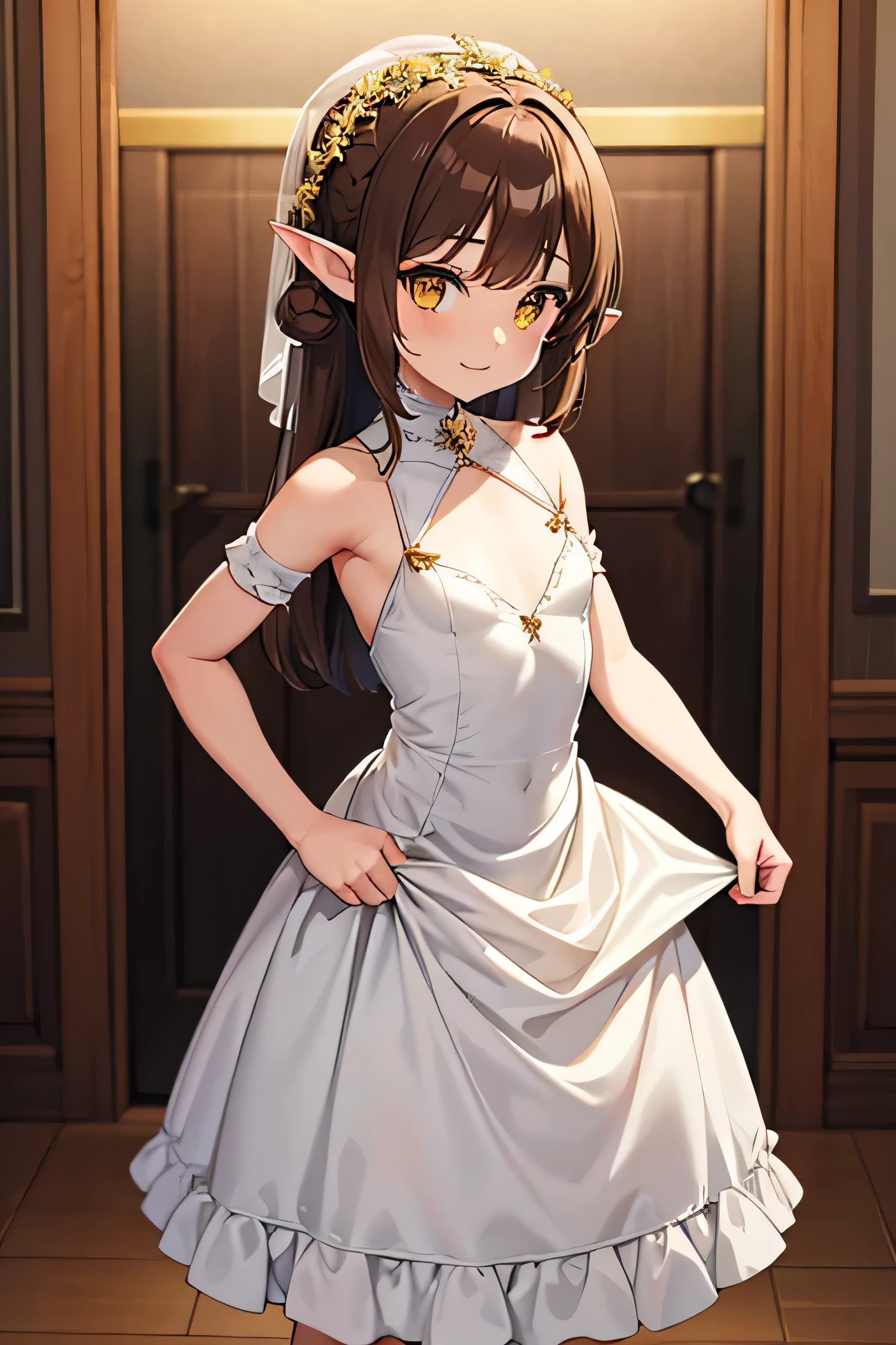 An elf girl with a tiny body and brown hair, yellow eyes, and a flat chest. She is wearing a pure white wedding dress and has an extremly happy expression. The girl is standing in a room and looking directly at the viewer. The image should be of absurd resolution and high detail. It should be ultra-sharp and available in 8K resolution, representing a masterpiece in image quality.