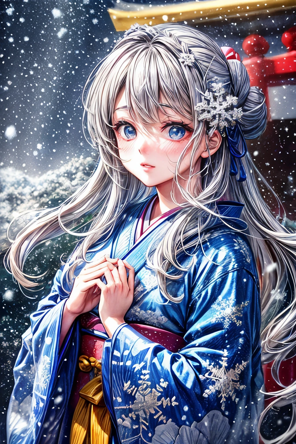 ((worst quality, low-quality)), ((girl)), solo, (Close-up:1.3), (facefocus:1.4), ((half updo, silver hair)), clear eyes and plump, plump lips, Beautiful light blue eyes):1.2), Spoken Heart, Pray with Hands Folded in Front of Your Chest, (perfect hands:1.3), (traditional Japanese clothing:1.2), (Wearing a kimono with a dragon pattern, Delicate and detailed embroidery:1.3), embarrassing, standing ceremony, Looking at viewer, head tilt, (snowflake, Falling snow:1.5), (light particles, shine of light:1.4), (( Japanese torii gate background)), high angle shot, muste piece, best quality, Super detailed,