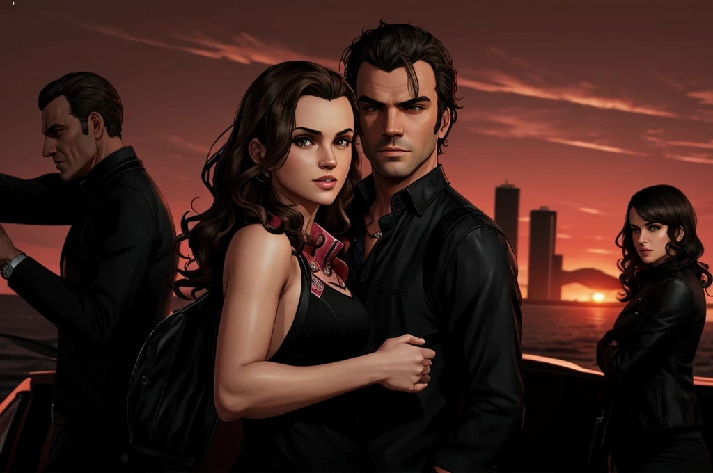 GTAV Loading Screen 2D art, GTA5 2 Characters, cinematic composition, sunset, shaders, bright cinematic lighting, soft contrast, GTA5 loading screen, gta art, wallpaper 4 k, wallpaper 4k, hq 4k wallpaper, gta loading screen art, fan art, rockstar games art, female and male, no tattoos, beautiful smile girl, girl 22, young male, female arm, female albanian, female wavy hair, male on right short cut hair clean shaven, straight hairline, realistic,