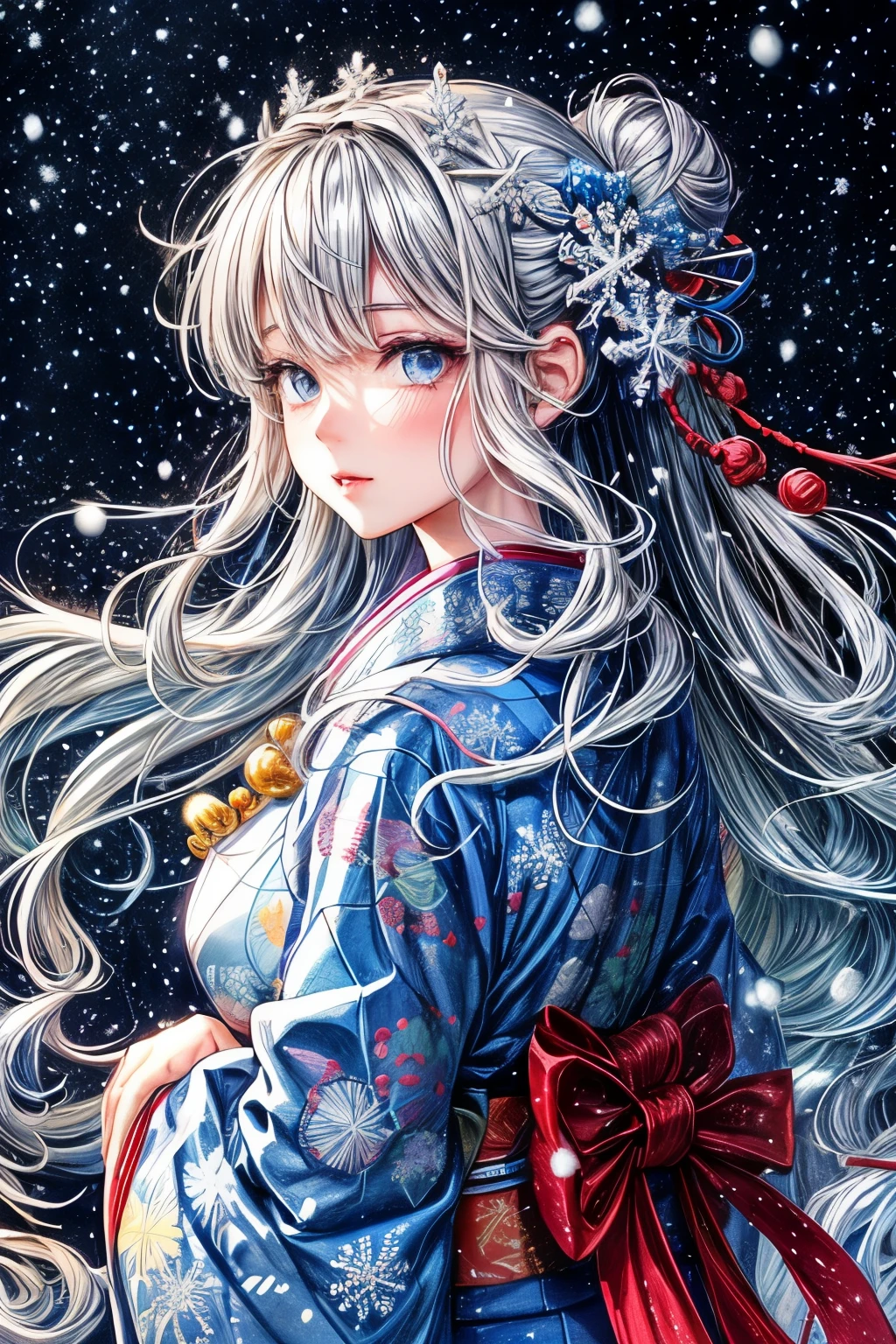((worst quality, low-quality)), ((girl)), solo, (Close-up:1.3), (facefocus:1.4), ((half updo, silver hair)), clear eyes and plump, plump lips, Beautiful light blue eyes):1.2), Spoken Heart, Pray with Hands Folded in Front of Your Chest, (perfect hands:1.3), (traditional Japanese clothing:1.2), (Wearing a kimono with a dragon pattern, Delicate and detailed embroidery:1.3), embarrassing, standing ceremony, Looking at viewer, head tilt, (snowflake, Falling snow:1.5), (light particles, shine of light:1.4), (( Japanese torii gate background)), high angle shot, muste piece, best quality, Super detailed,