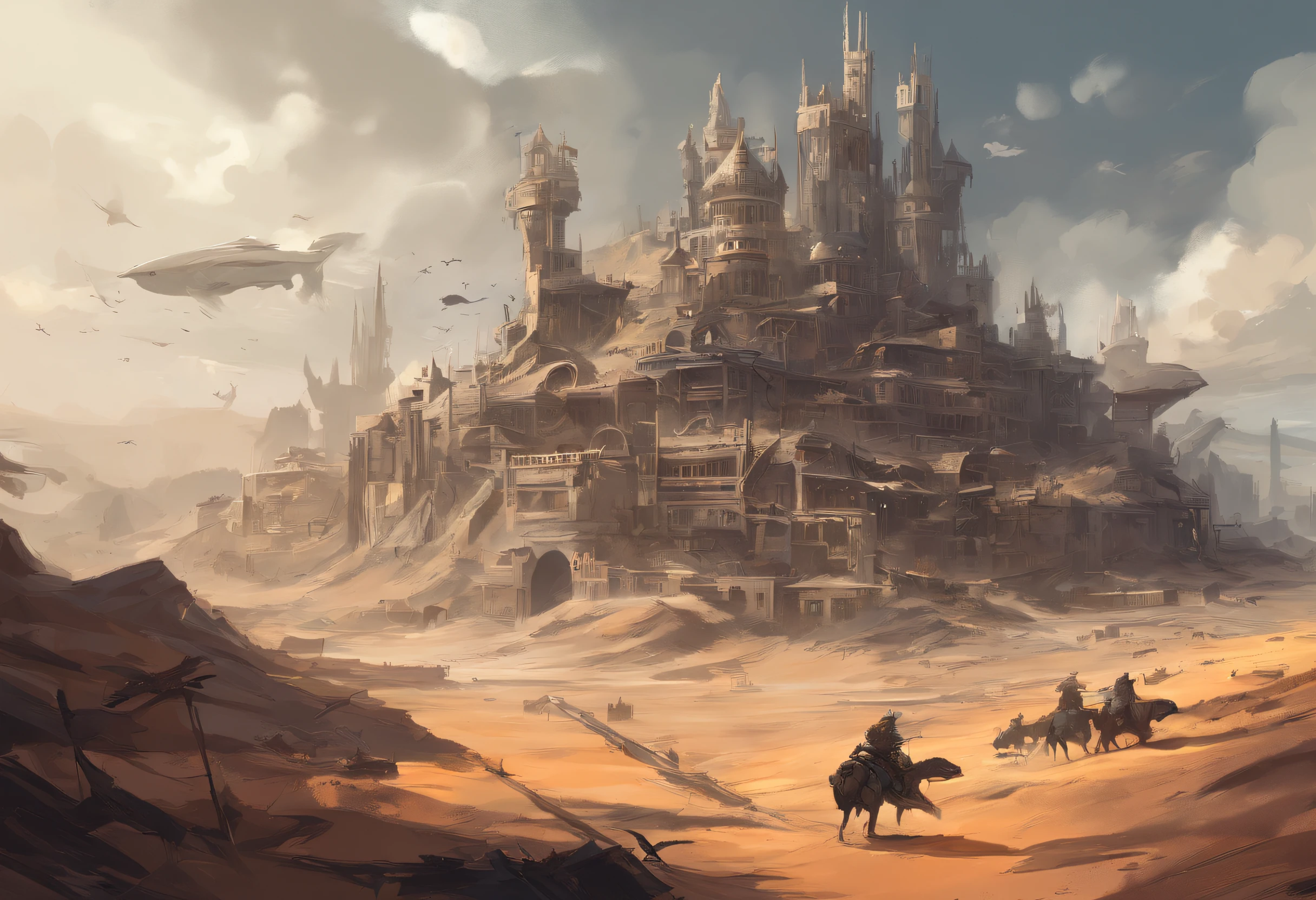 Apocalyptic war, Shades of white, Nero, A desert, Survivor, , Shadowing, dreary atmosphere, darkly, ((natta)), banners, Book cover,Wasteland,Western style,Wasteland construction,cowboys,Western Town,motor cycle,a revolver,Castle Wall,(Whales flying in the sky)