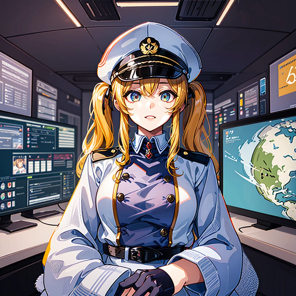 (((masterpiece、Highest image quality、highest quality、highly detailed unity 8kwallpaper)))、(Illustration of one woman、Beauty、30 years old、)、((blonde twintails、Light golden eyes))、(((tall、neutral、stocky build, thickset physique, muscular legs, broad shoulders, solid chest)))、(((manspreading、Sitting in the captain's seat)))、((Military uniforms、Military Cap、Military coat))、(white clothes、White pants、white hat)、trench coat、(((Inside a futuristic spaceship、Surrounded by instruments and monitors、The Universe on the Monitor、Earth seen from space)))