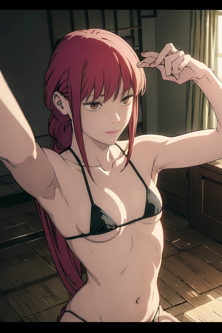 Makima \(chainsawman\), 1girl (masterpiece) (best quality)(shiny hair)(shiny skin)(shiny skin), 1 girl, solo, long hair, boob curtain, under boobs, upper body, (micro bikini), presenting armpit, bare shoulder, collar bone, mole, arm up, beach, selfie, red hair